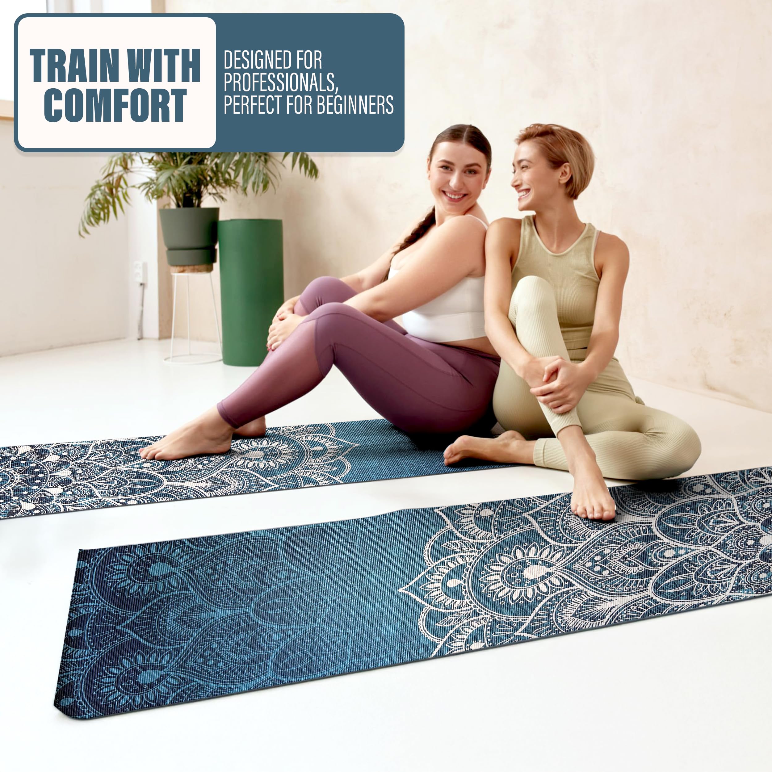 TechFit Tappetino Yoga Pilates Antiscivolo 173x61cm Spessore 0,6cm in PVC con Tracolla, Design Mandala, Materassino Fitness Palestra Morbido Resistente