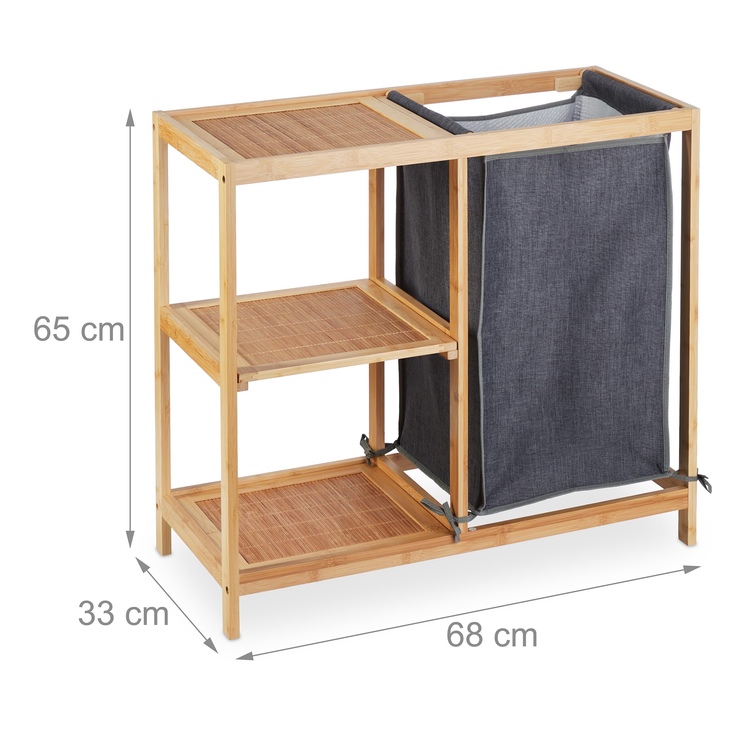 Relaxdays Estantería Cesto Ropa Sucia Bambú, 3 Baldas, 65 x 68 x 33 cm, Saco Extraíble, Cubo Lavandería, Natual/Gris