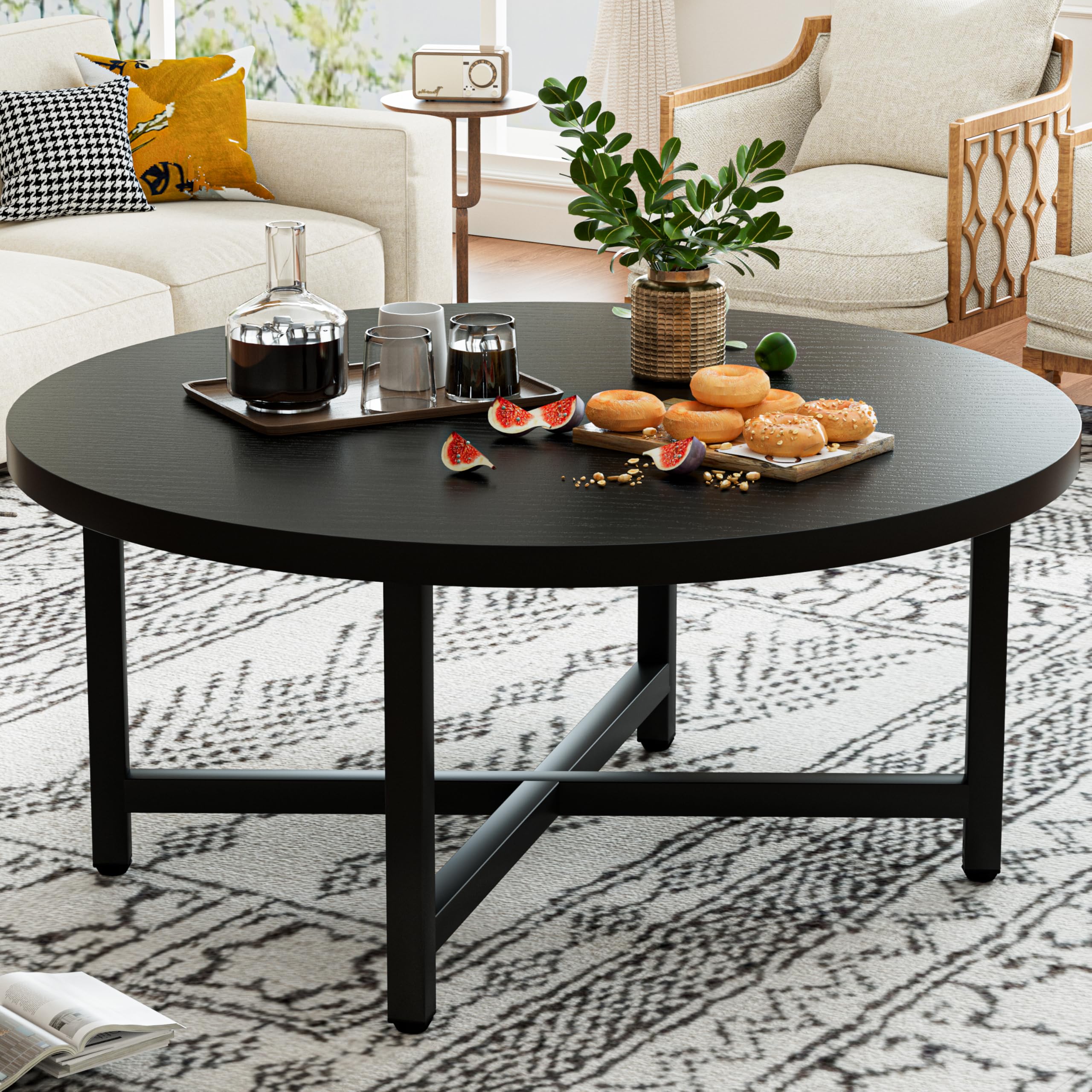 Coffee Table, 31.5" Large Coffee Tables, Black Round Coffee Tables for Living Room, Floor Table for Sitting on The Floor, Center Coffee Table with Metal Frame for Office Apartment Home