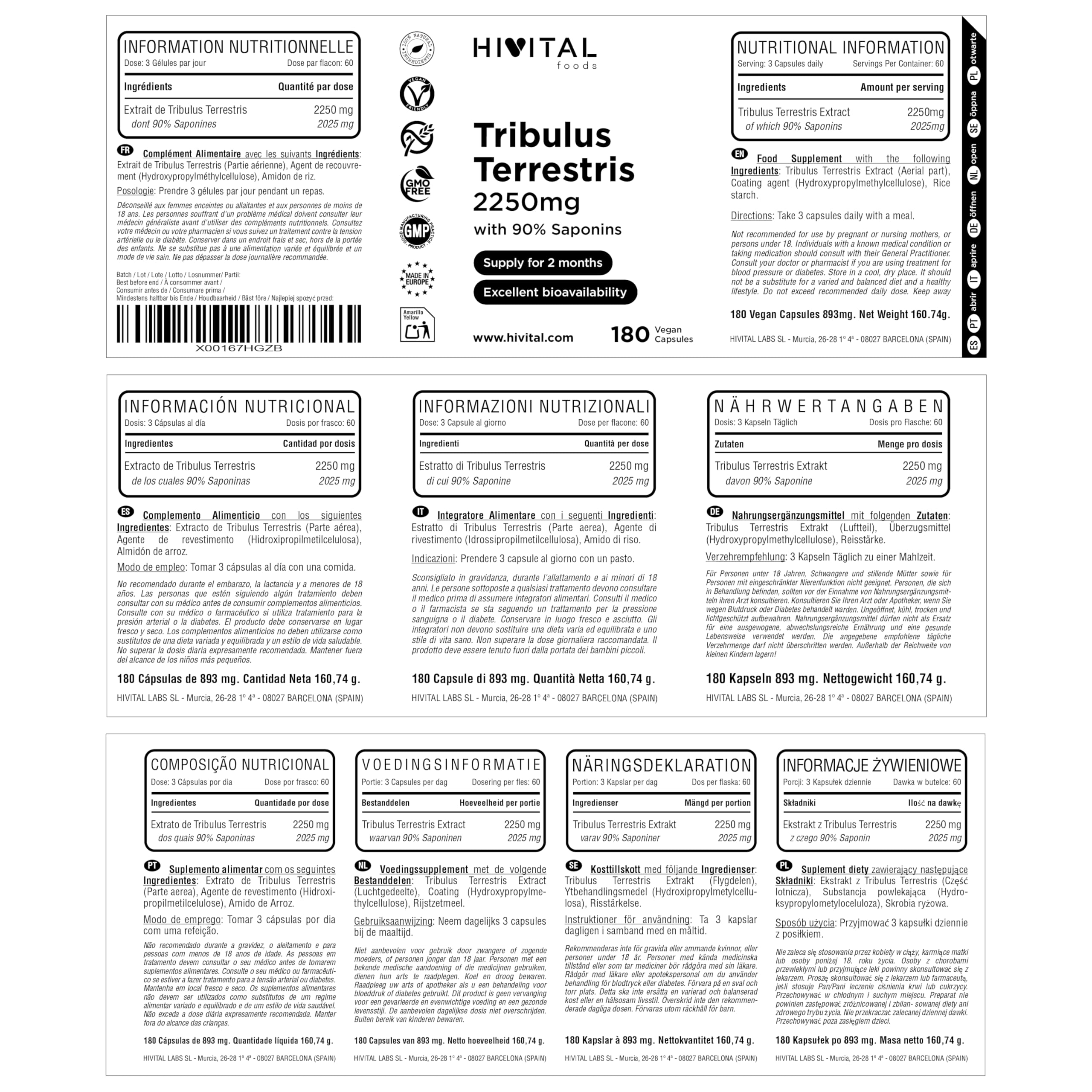 Tribulus Terrestris 2250 mg. 180 capsule vegane per 2 mesi di trattamento. Estratto Naturale con il 90% di saponine ad alto principio attivo. Prodotto in Europa da HIVITAL
