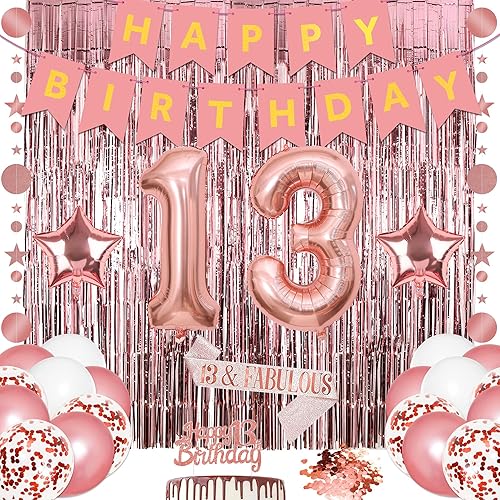 29 piezas de decoración de cumpleaños número 13 color oro rosa para niñas, juego de decoración de feliz cumpleaños, globos de papel de aluminio de