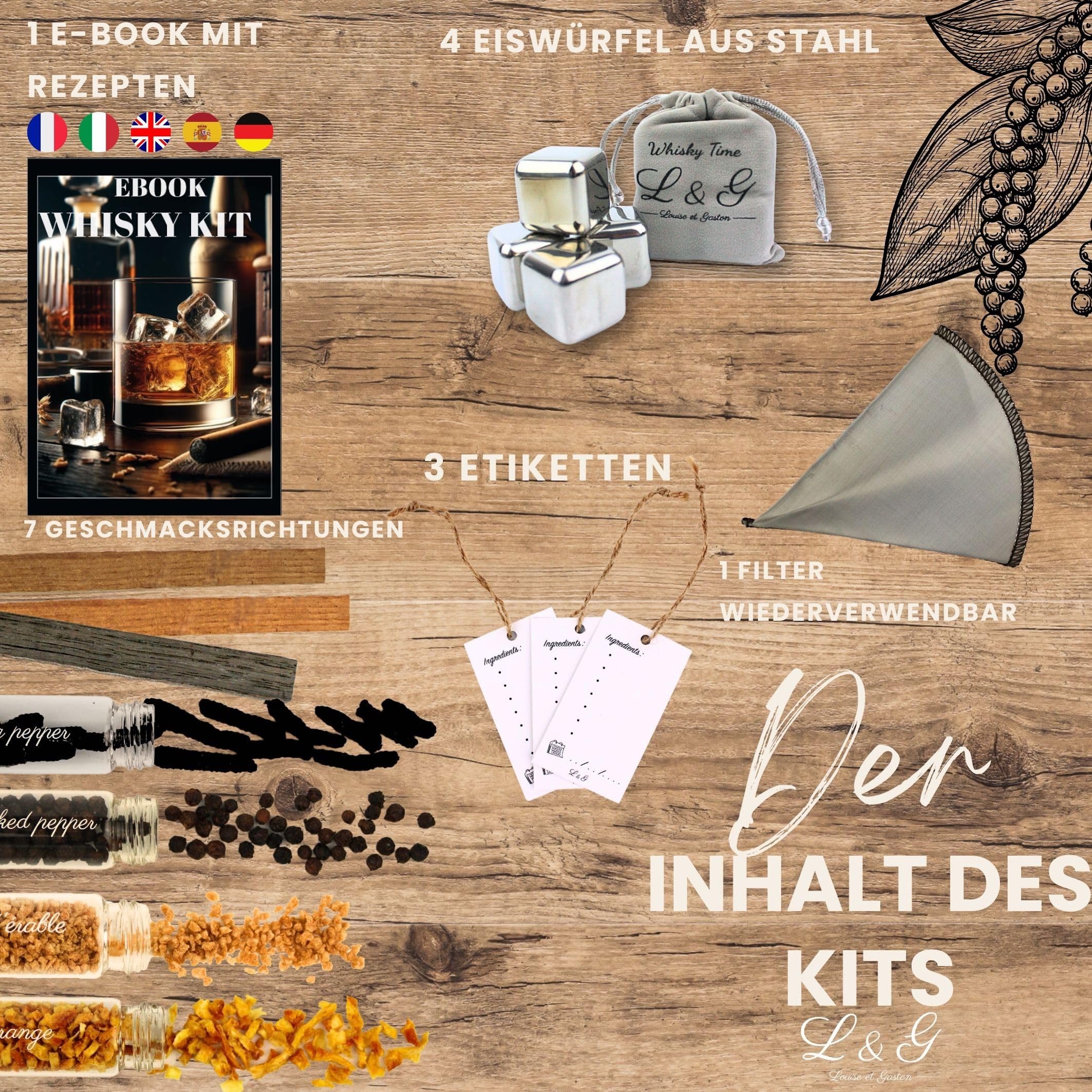 L&G® Persönliches Whisky-Gewürz-Entdeckungsset - Exklusives DIY-Set für Mann/Frau, Originelle Geschenkidee Weihnachten, Geburtstag, Valentinstag, Unvergessliche Heimerlebnisse