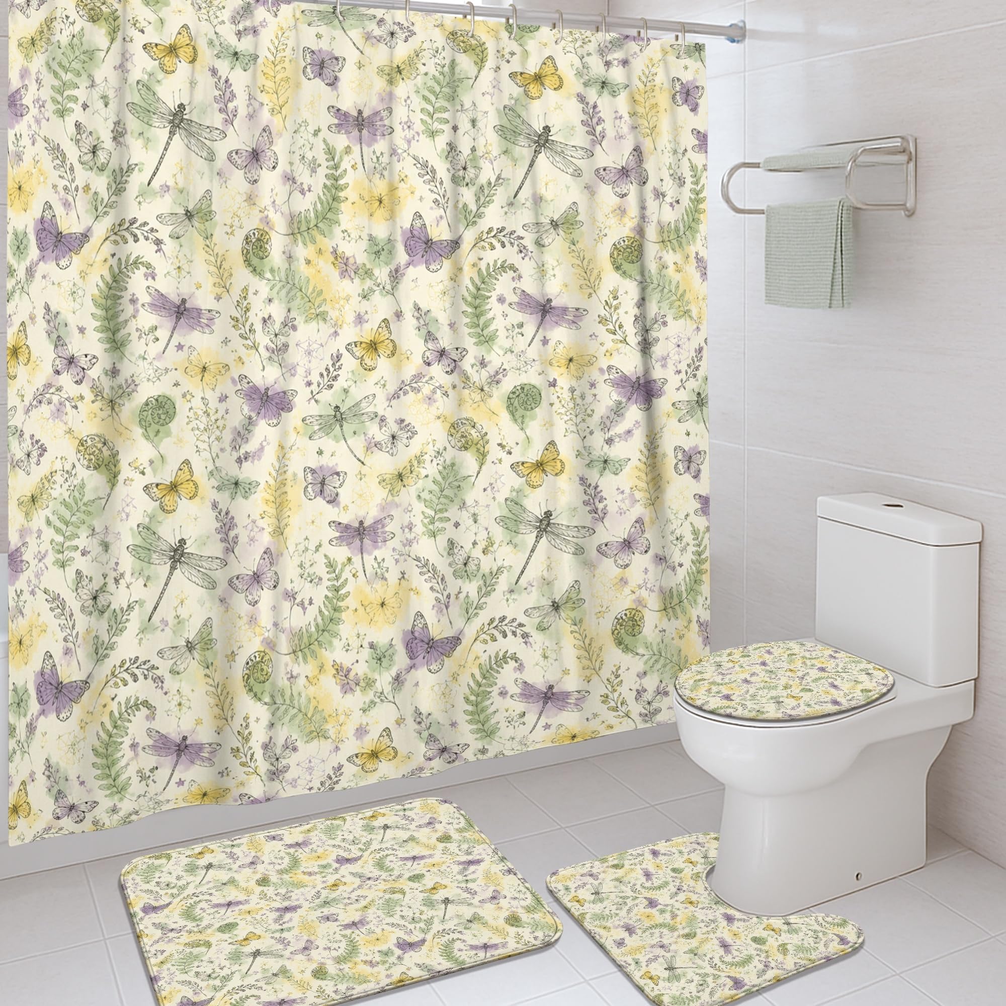 Rideau de douche anti-éclaboussure 183 cm et tapis de bain jaune