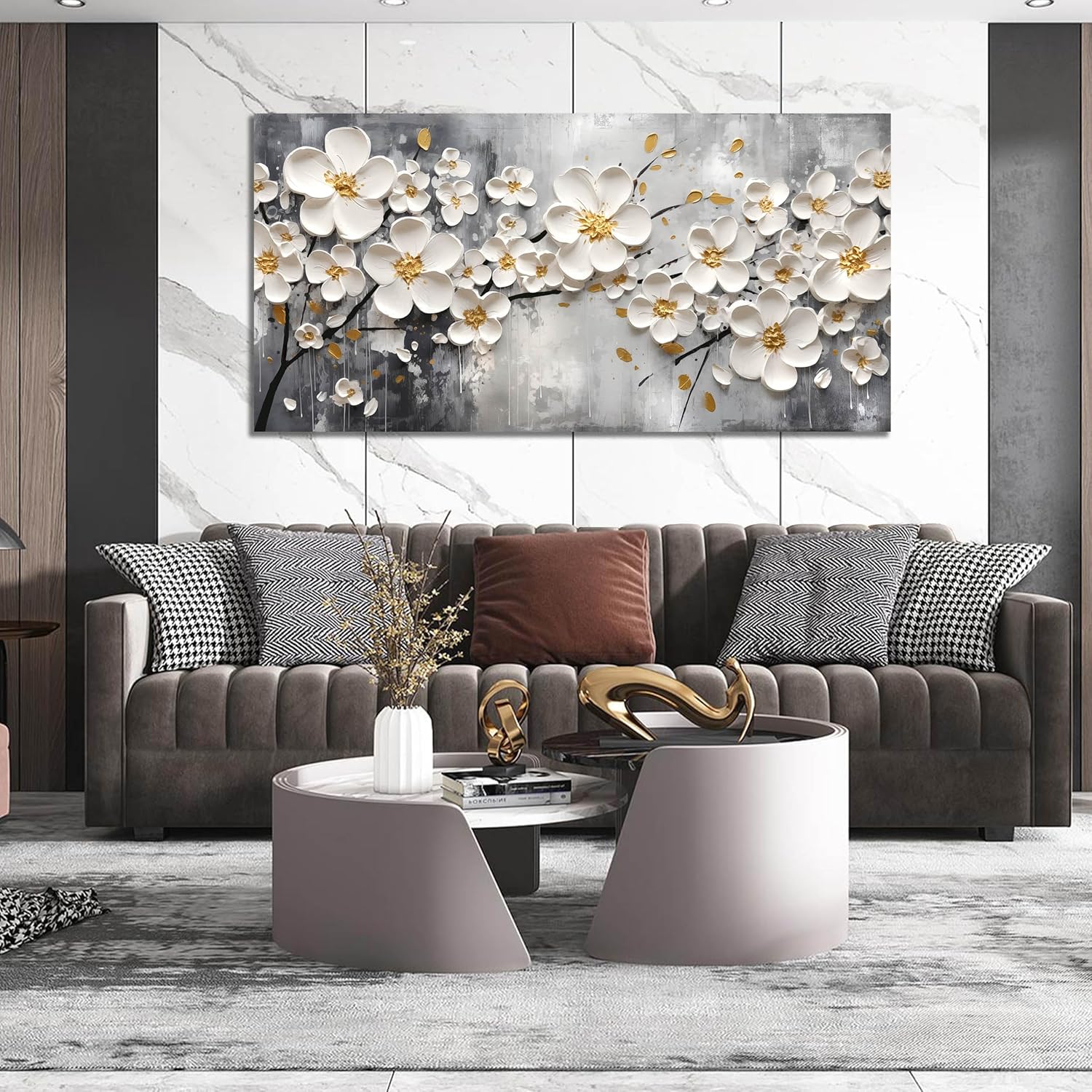 Large Pictures for Living Room - White Flower Canvas Wall Art for Bedroom - Modern Wall Decor for Office Women Size 29" x 59"