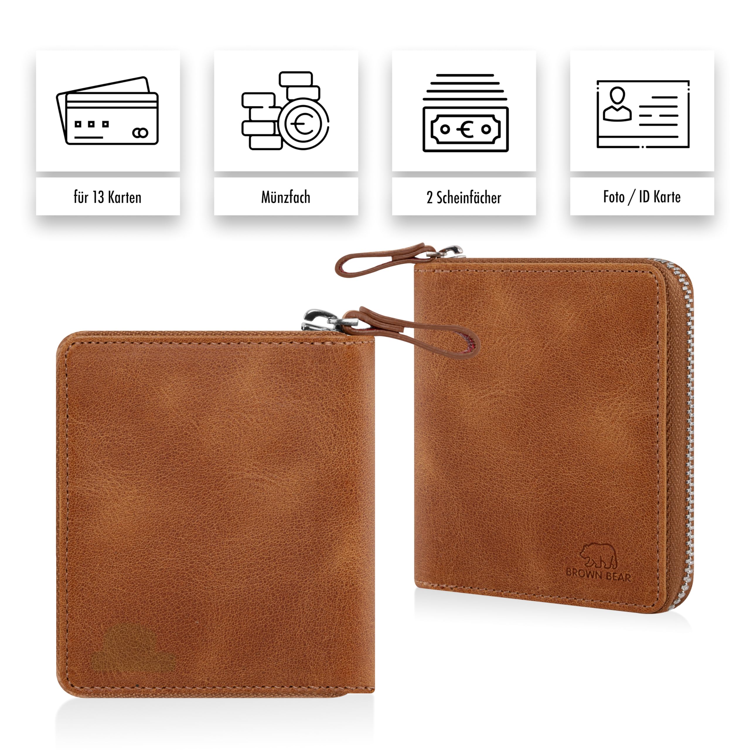 BROWN BEAR Cartera Cremallera Cuero RFID Protección y Monedero - 8009, Marrón Vintage Coñac, 0, Cartera con cremallera alrededor