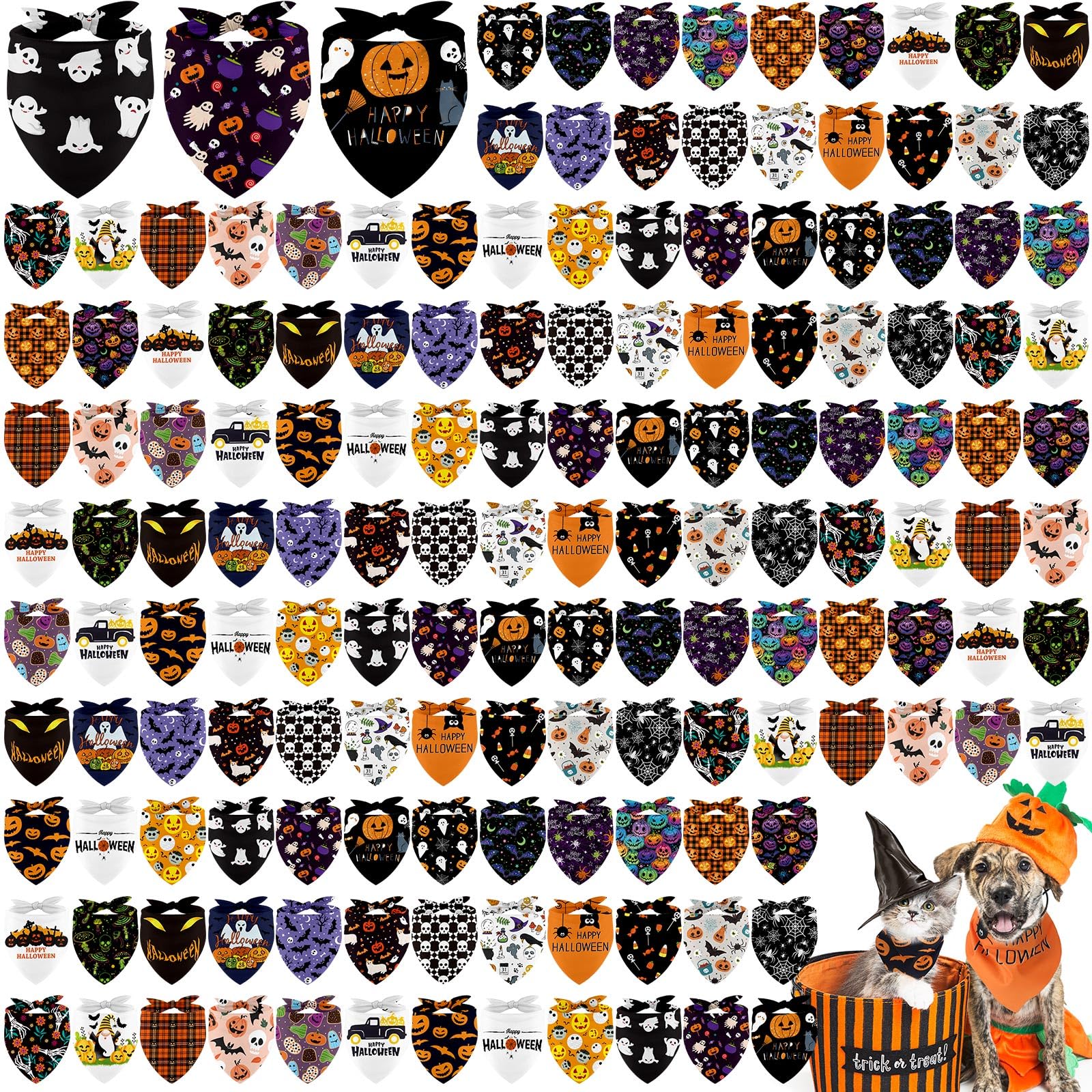 Photo 1 of 150 Pcs Halloween Dog Bandanas Bulk Adjustable Triangle Pet Scarves Pumpkin Bat Ghost Puppy Bandanas Pet Neckerchief Holiday Dog Bandana for Halloween Party Small Medium Large Dog Pet