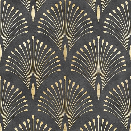 Livelynine Papel tapiz Art Deco de oro negro, despegar y pegar, papel de pared con acento de plumas de pavo real oscuro, autoadhesivo, moderno,