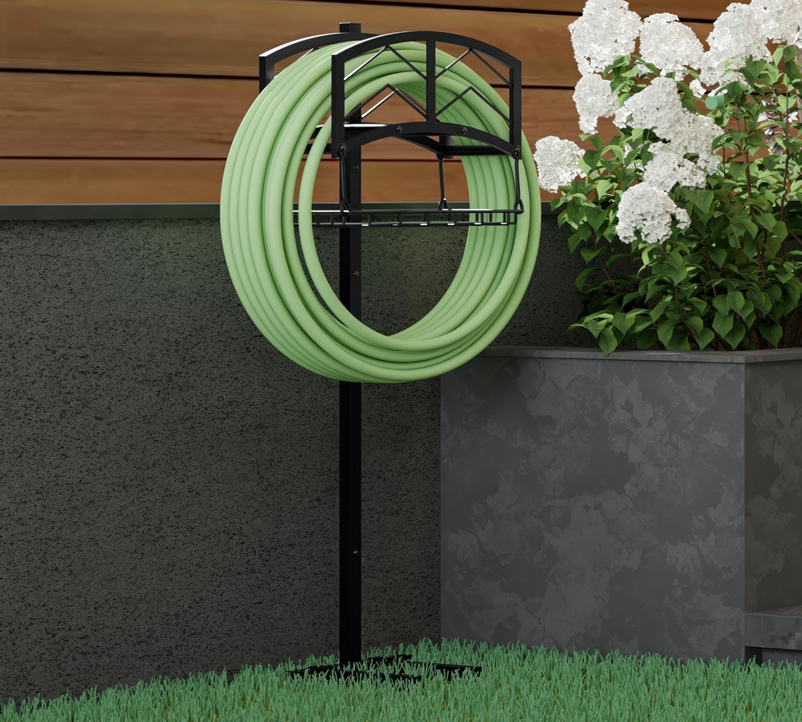Kingson Support tuyau arrosage portable, panier rangement, acier noir robuste, contient tuyau 45m, design amovible outils