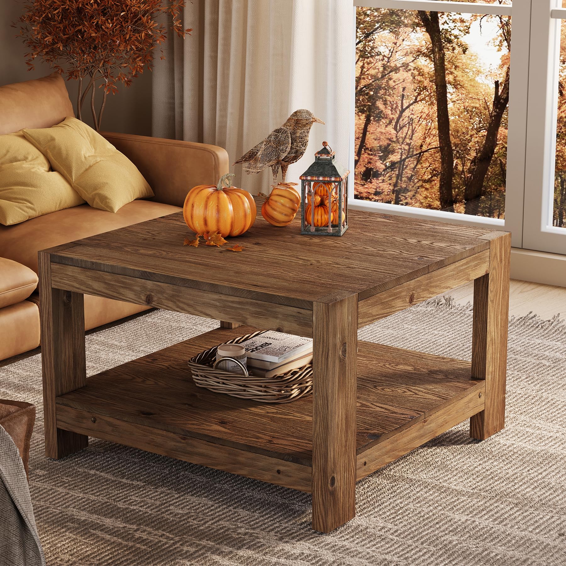 Massivholz Couchtisch Quadratisch 80 x 80 cm, Landhausstil Wohnzimmertisch mit Stauraum Braun, 2-stöckiger Sofatisch aus Holz im Landhausstil, Kaffeetisch für Wohnzimmer, Büro, kleine Räume