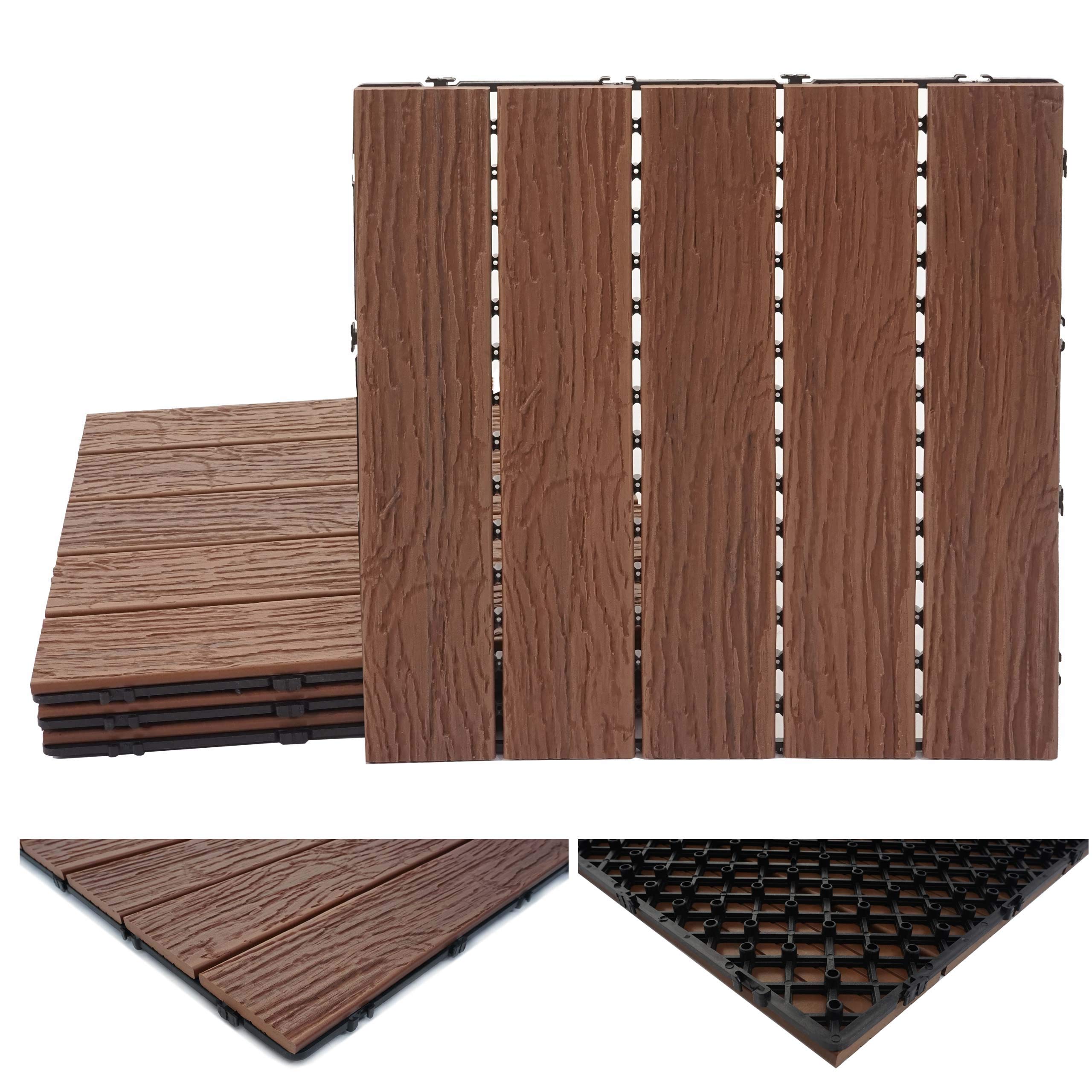 Mendler WPC Bodenfliese HWC-E19 je 4X 50x50cm = 1qm - Dunkelbraun | Holzoptik, Balkon/Terrasse, 3D-Struktur, linear
