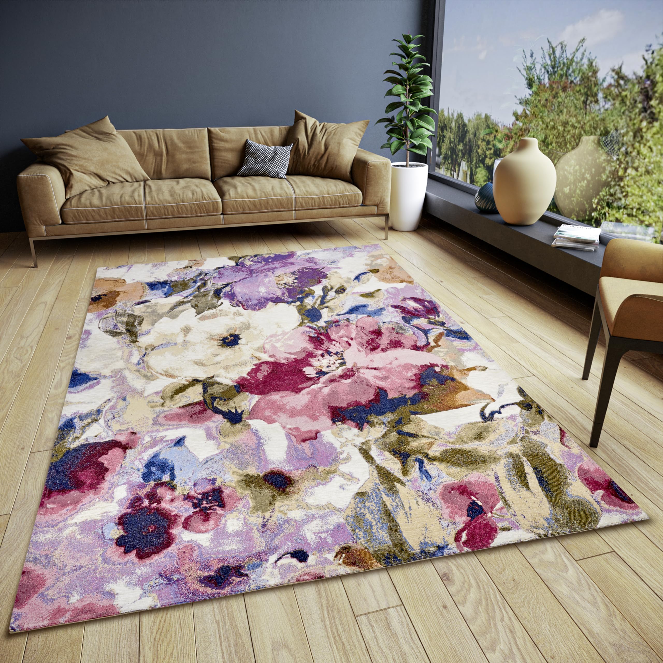 Hanse Home Atika Design Tapis Motif Floral, Tissu Plat, Dessous antidérapant, Motif Floral, tissé de qualité supérieure, pour Salon, Chambre à Coucher, Salle à Manger, Couloir, Multicolore, 150 x 220