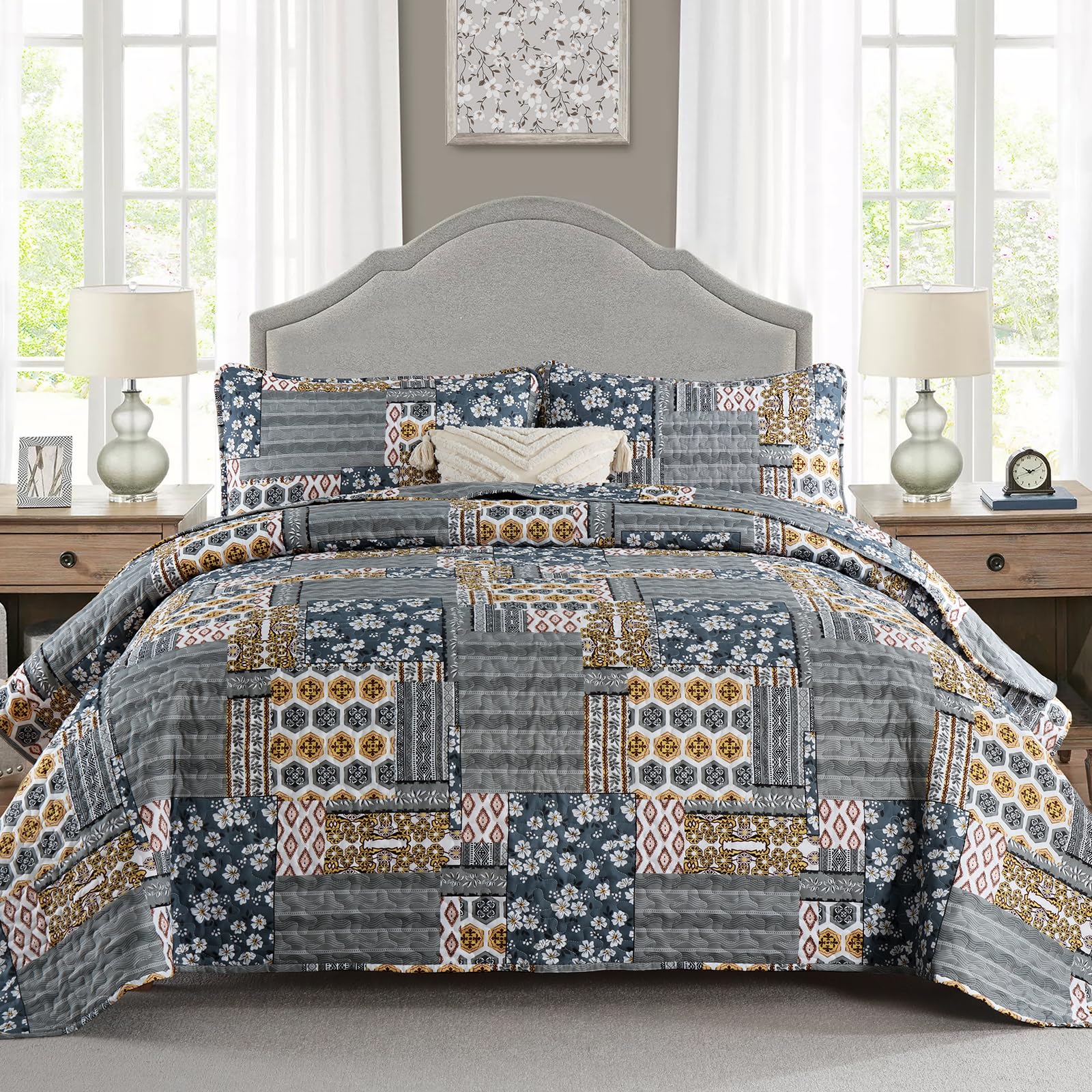 Mybedsoul Boho Quilt King Size, Patchwork Floral Bedding Set, Dark Grey