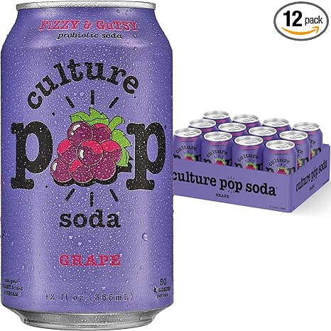 Culture Pop Soda, Grape, Probiotic Low Sugar Soda, Sparkling Juice Alternative, Non-GMO, Kosher, Gluten-Free, No Stevia (12pk)