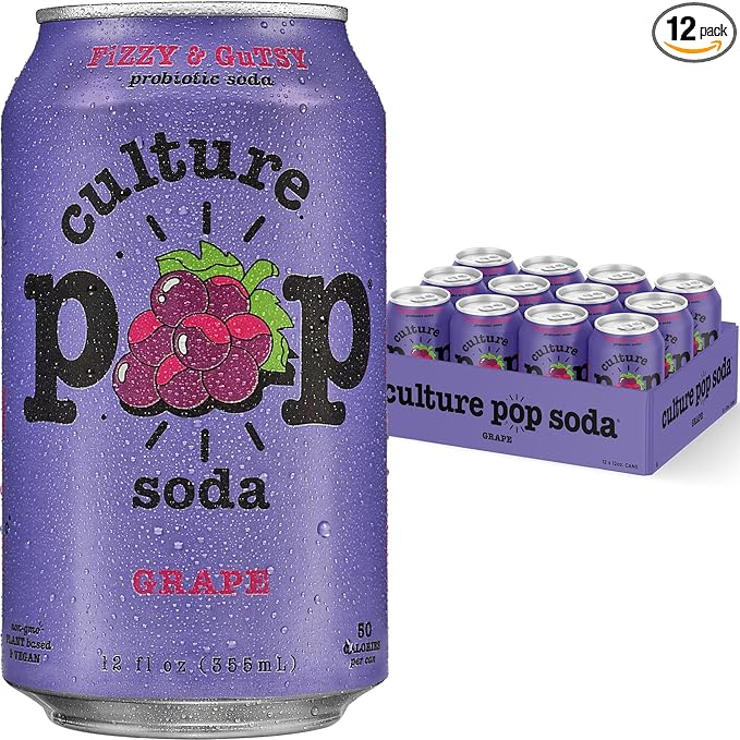 Culture Pop Soda, Grape, Probiotic Low Sugar Soda, Sparkling Juice Alternative, Non-GMO, Kosher, Gluten-Free, No Stevia (12pk)
