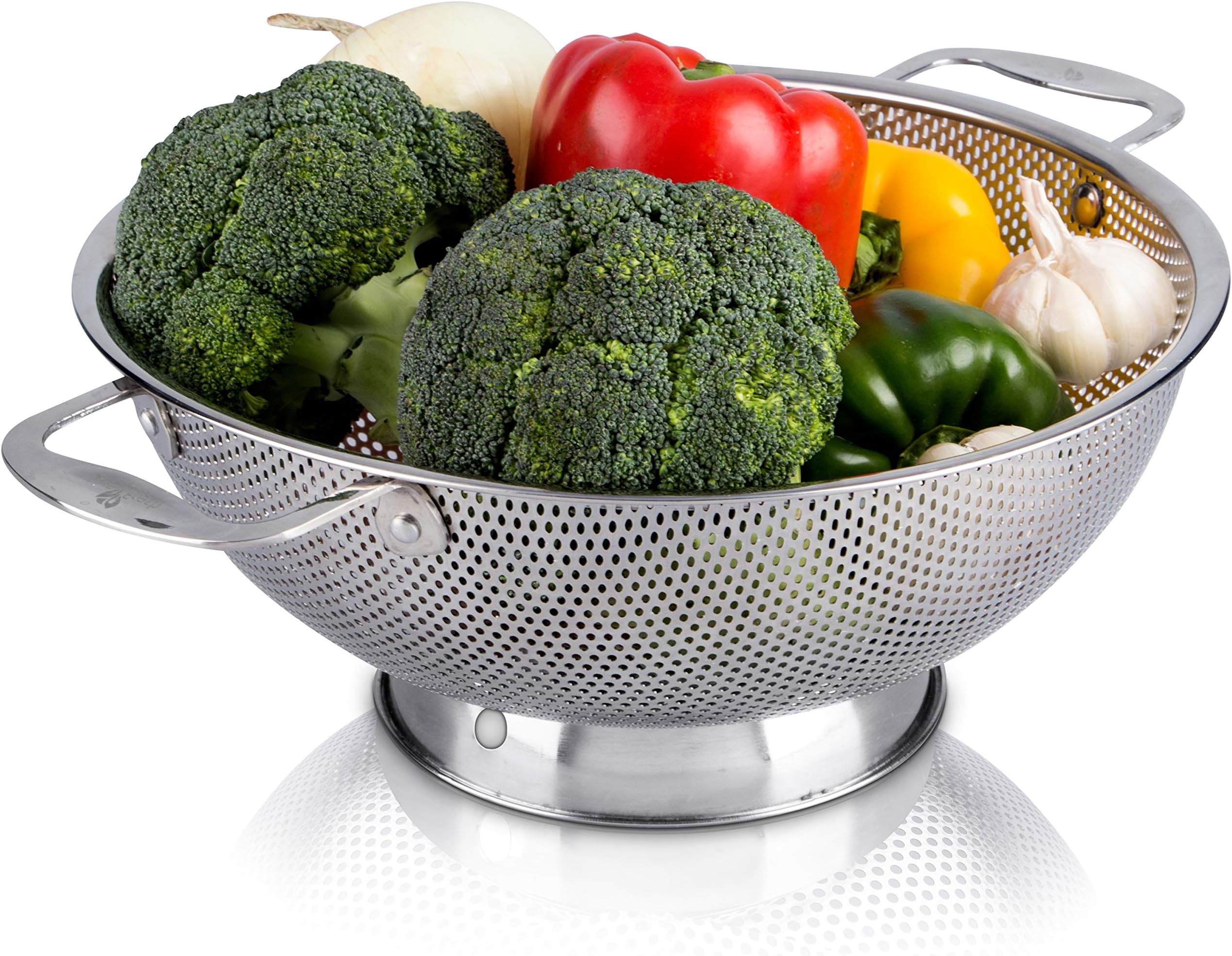 LiveFresh Stainless Steel Micro-Perforated 4.7 Liter Colander - Professional Strainer with Heavy Duty Handles and Self-draining Solid Ring Base
