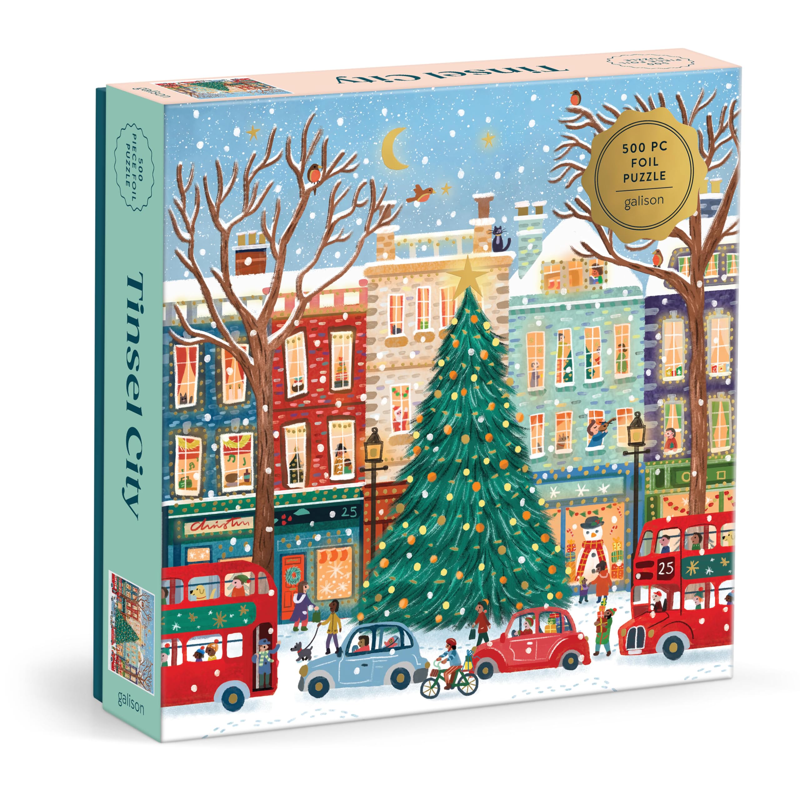 Galison Tinsel City – 500 Piece Foil Jigsaw Puzzle Featuring Charming Artwork Of Decorated Christmas Tinsel City Streets