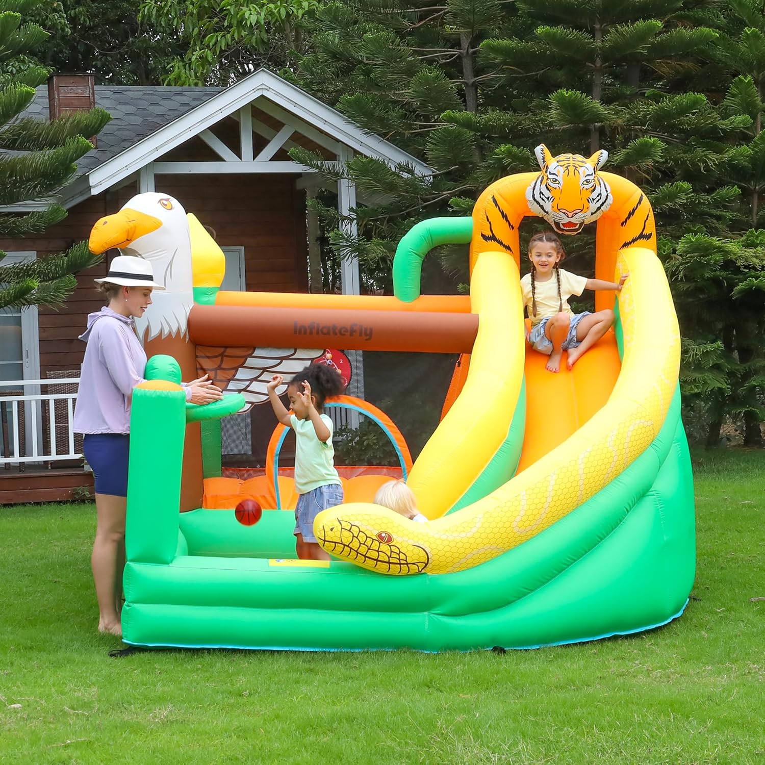 Bounce House, Kids Bounce House with Slide, Inflatable Bouncer Castle with Blower, Basketball Hoop & Toss Game for Garden Parties Outdoor Indoor Play Bounce House for Kids 3-8