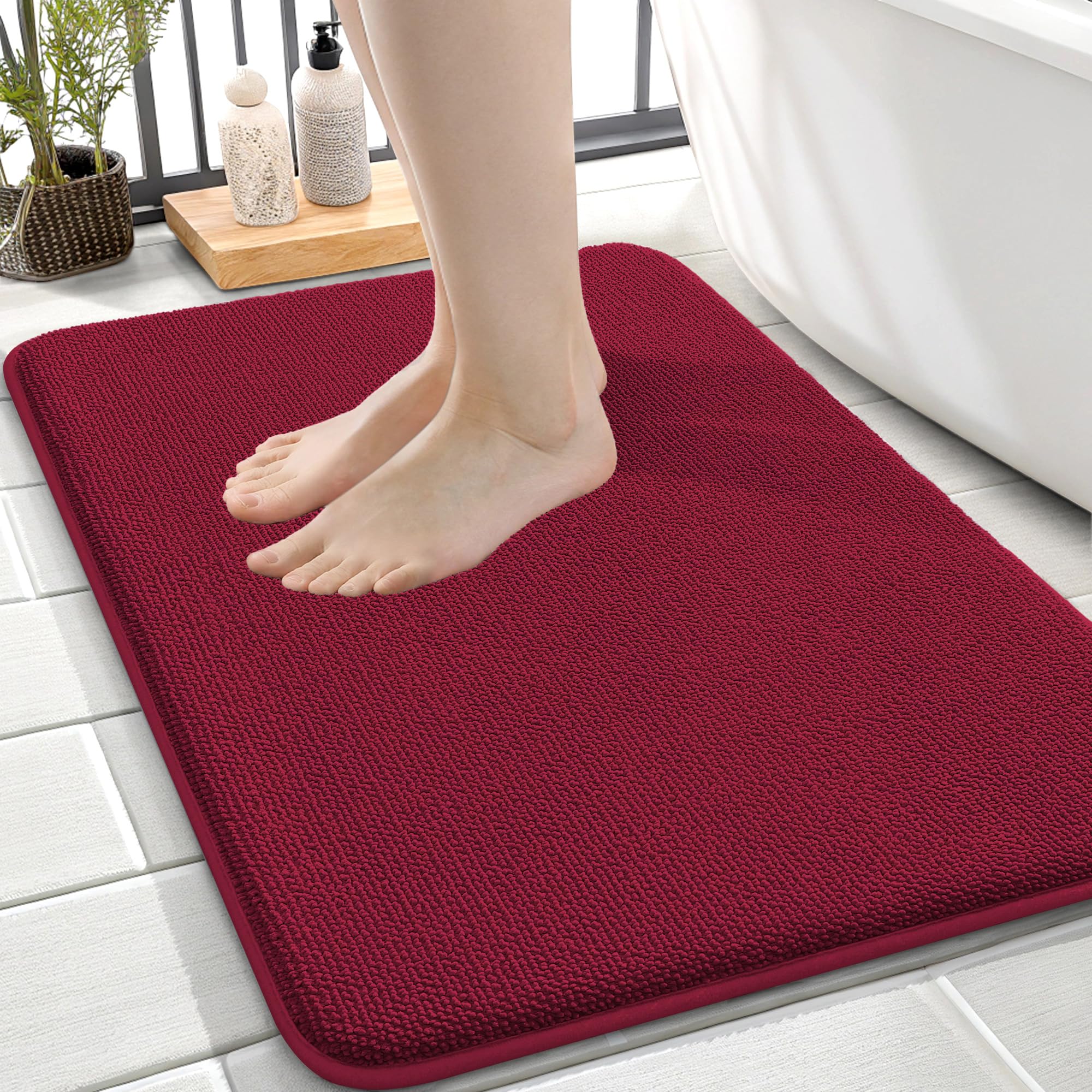 OLANLY Memory Foam Small Bathroom Rugs 24x16, Absorbent Bath Mat, Burgundy