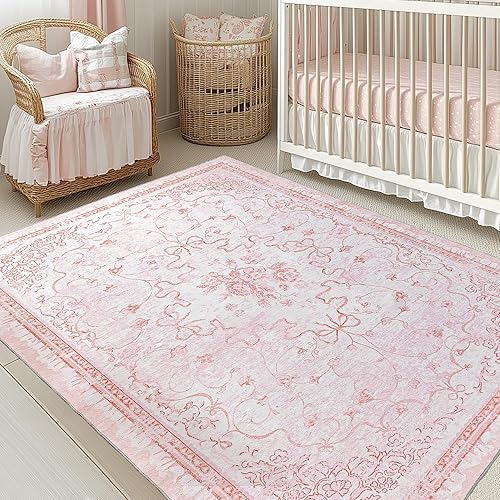 Pink Rug for Bedroom Girl Nursery - Bow Kids Rugs,
