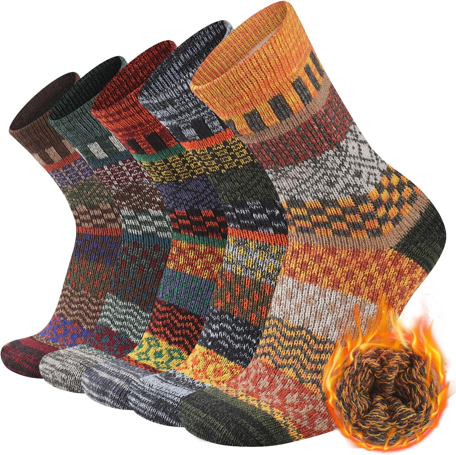 Mens Warm Wool Socks Thermal Winter Thick Crew Pattern Socks Cold Weather 5 Pairs