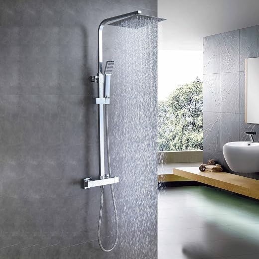 Biubiubath - Sistema de columna de ducha termostática con mezclador termostático, ducha de mano cuadrada y ducha con cabezal, columna de ducha ajustable en altura, antirgrietas, cromado (cuadrado1)