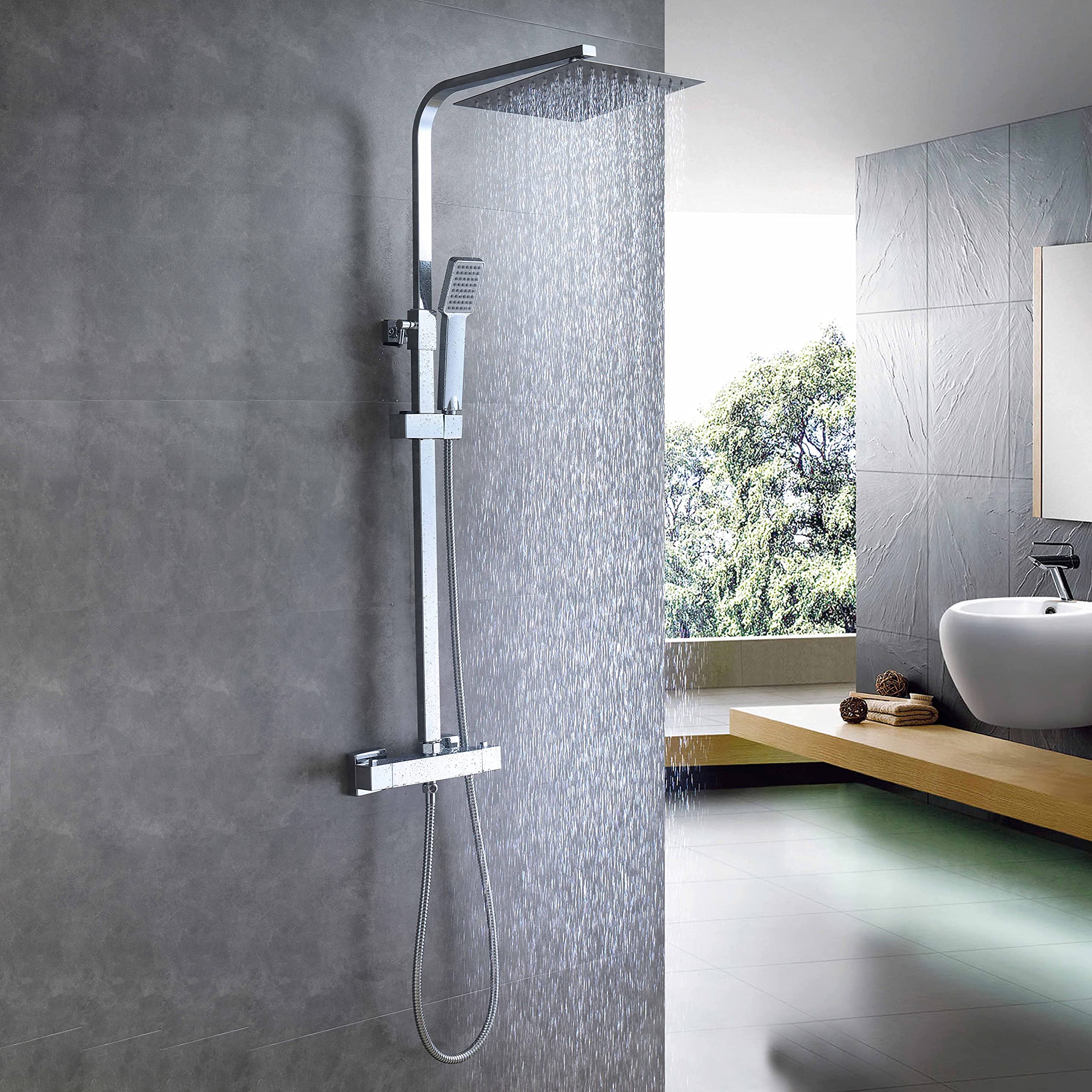 Sistema de columna de ducha termostática con mezclador termostático, ducha de mano cuadrada y ducha con cabezal, columna de ducha ajustable en altura 760-1180mm,cromado (cuadrado1)