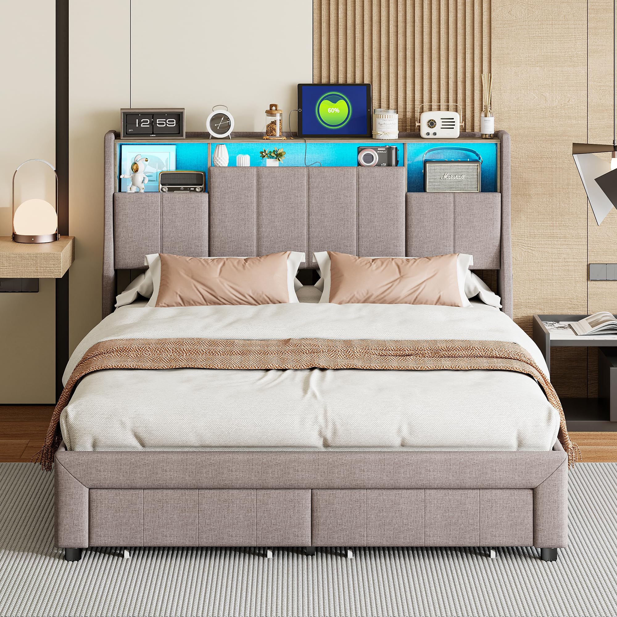 Bed met opbergruimte, 140 x 200 cm, gestoffeerd led-bed met laden, tweepersoonsbed met led en USB-oplaadfunctie, functioneel bed, bedframe met opbergruimte, tienerbed met lattenbodem, linnen (140x200