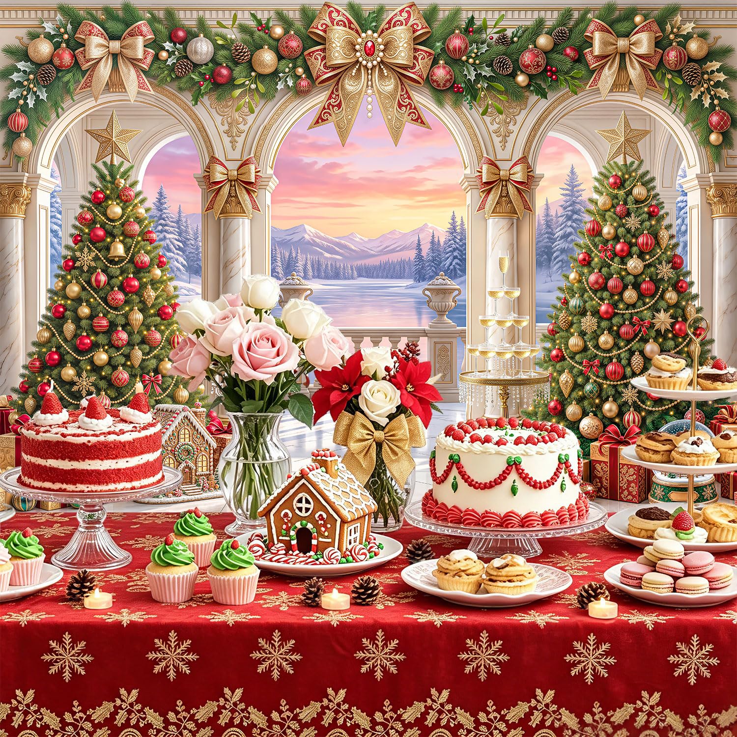 Fondo de arco de mármol de Navidad de 3 x 8 pies, fondo de fotos de montaña