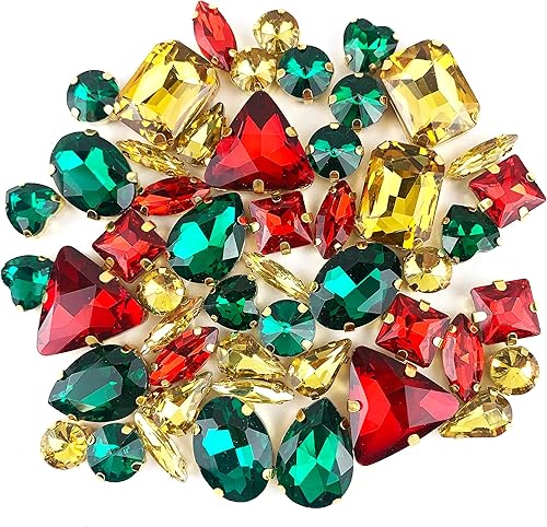 Worlds 50 piezas de formas mixtas para coser diamantes de imitación de cristal con parte trasera plana, ajuste de garra dorada, cristales para coser