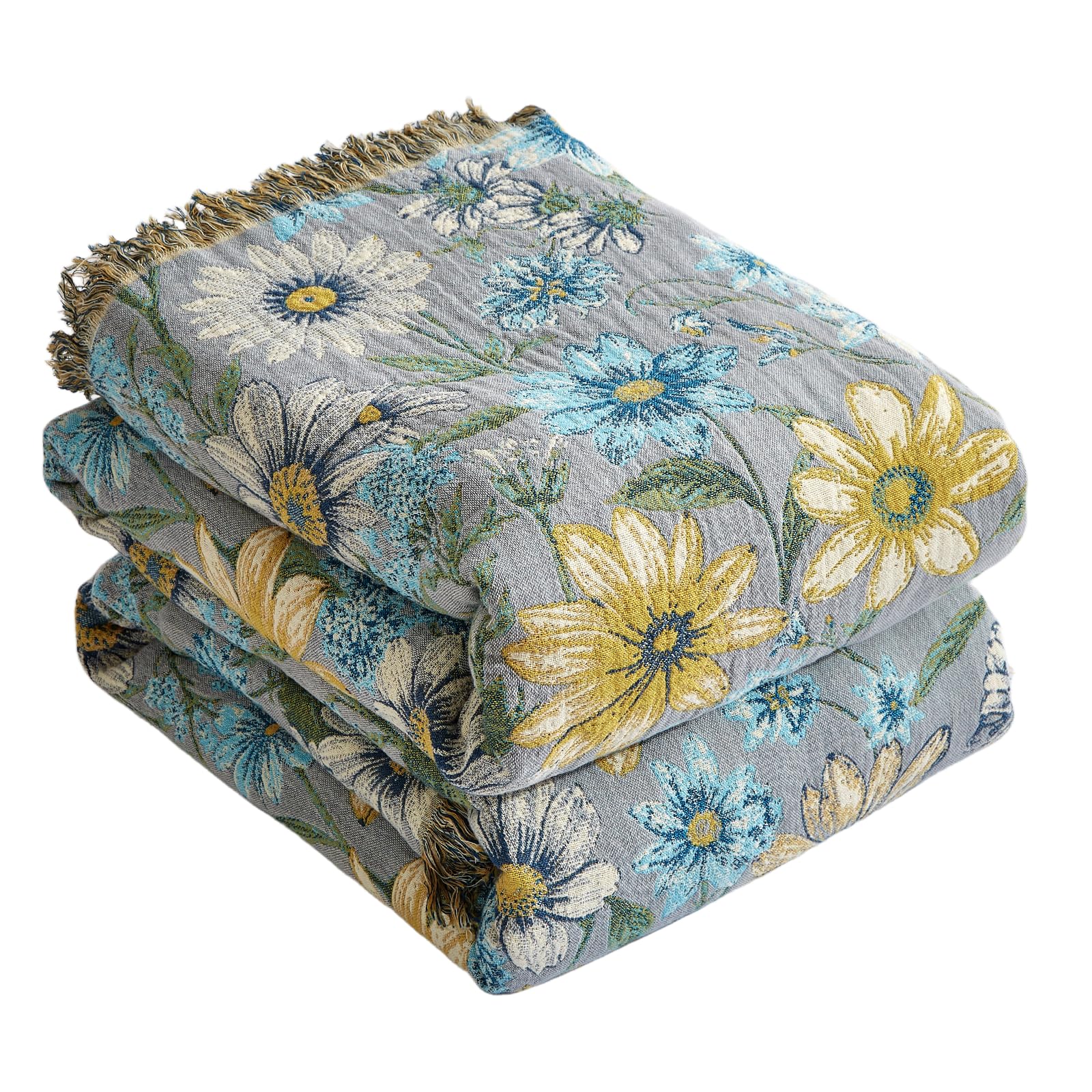 Bailix Premium Bohemian throw, 100% Cotton Cuddly Blanket with Fringes, Double-Sided Muslin, Boho Blanket, 200 x 230 cm, Cuddly Sofa Blanket and Bed Throw, Patchwork, Blanket for Room, Blue