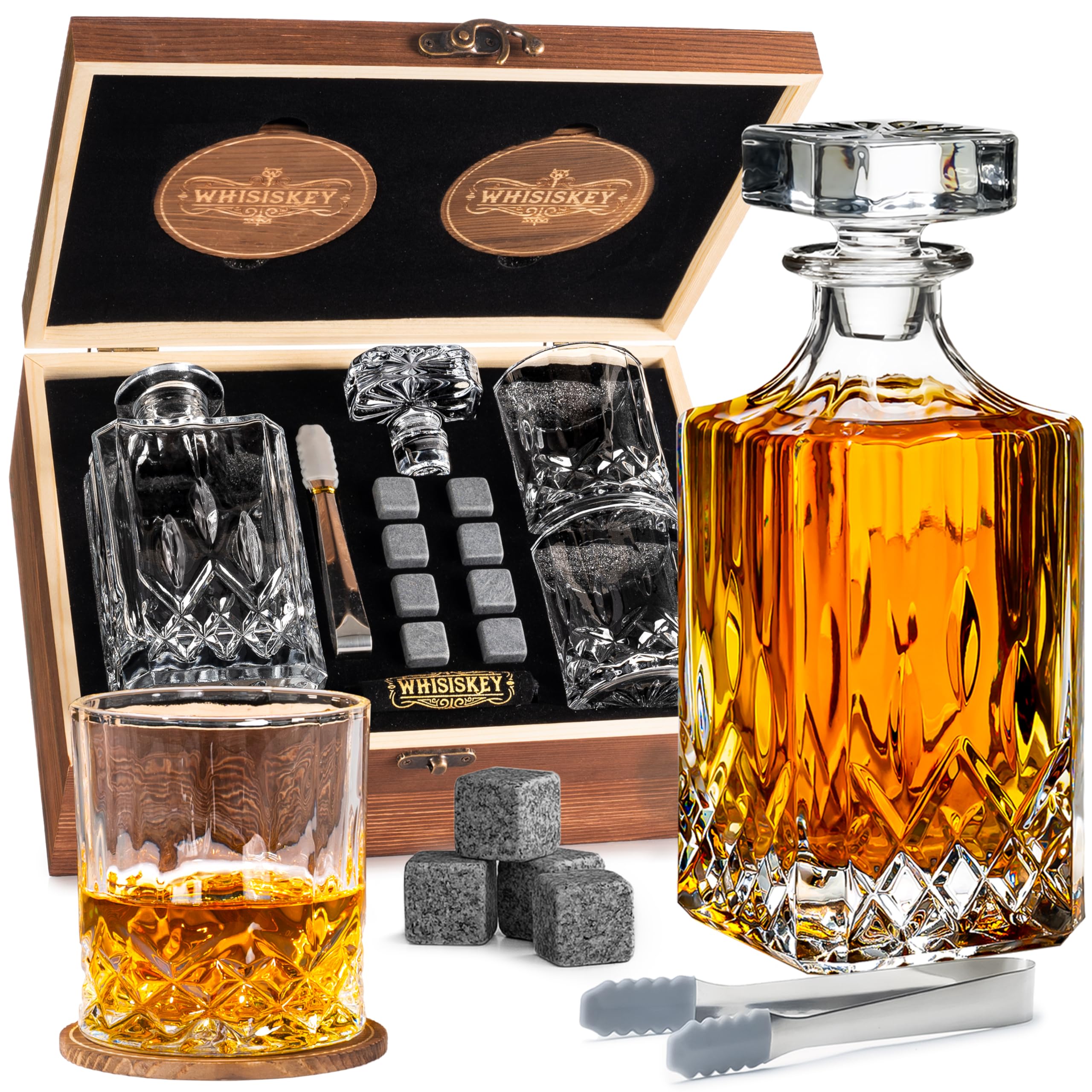 WHISISKEY - Whiskey Decanter Set - 700ML Classic Carafe - Whiskey Gift Sets for Men - Whisky Set - Glass Gifts for Men - Inc. 2 Whiskey Glasses, 8 Whiskey Stones, Accessories