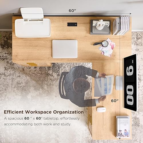 Miniatura 5 de T4TREAM - Escritorio ejecutivo en forma de L de 60 pulgadas con estrías, escritorio moderno para oficina en casa con estación de carga y cajón para