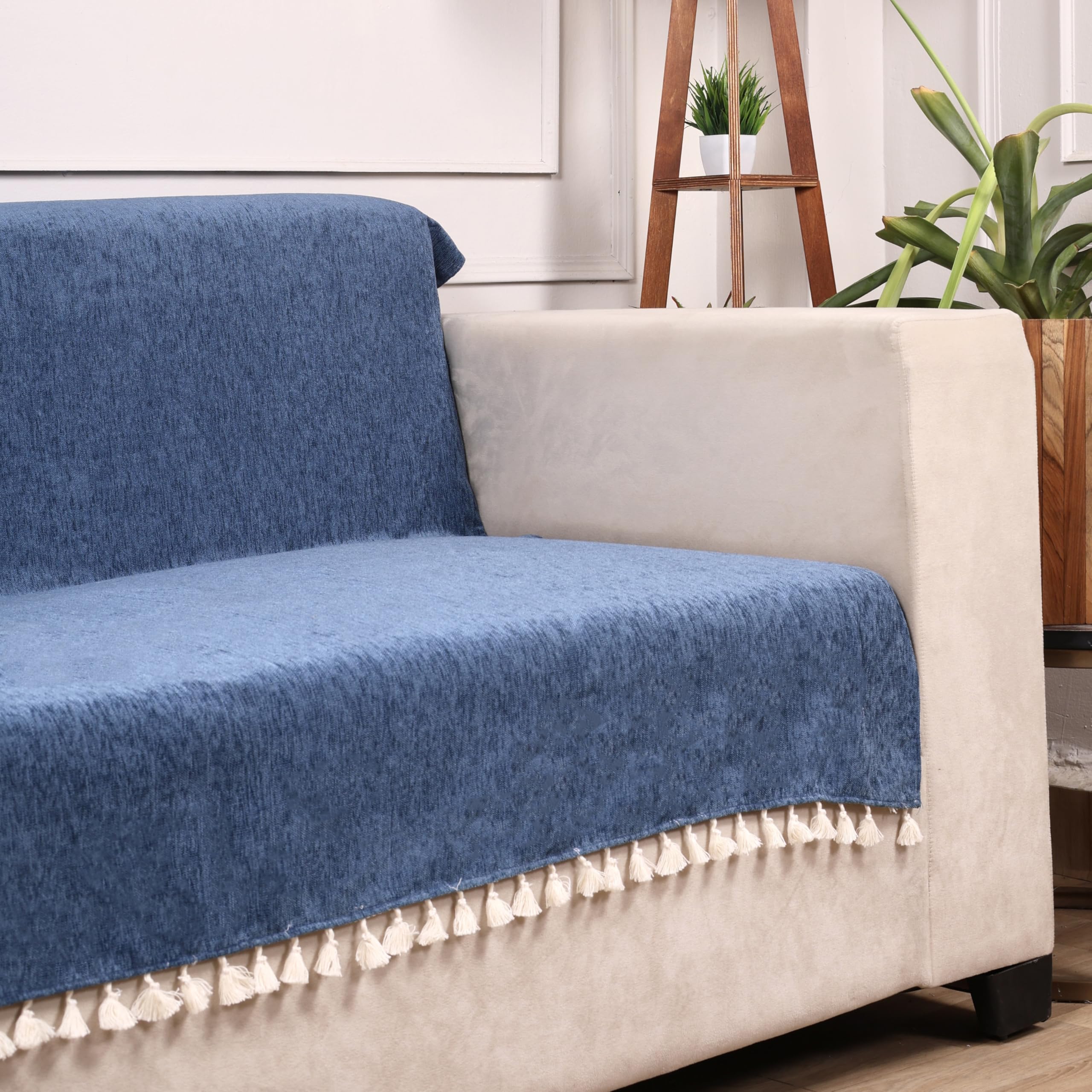 STITCHNEST Blue Chenille Sofa Cover 70x60 Inch – Soft, Durable & Textured Fabric with Tassels | Full Coverage Sofa for Living Room, Bedroom, or Drawing Room