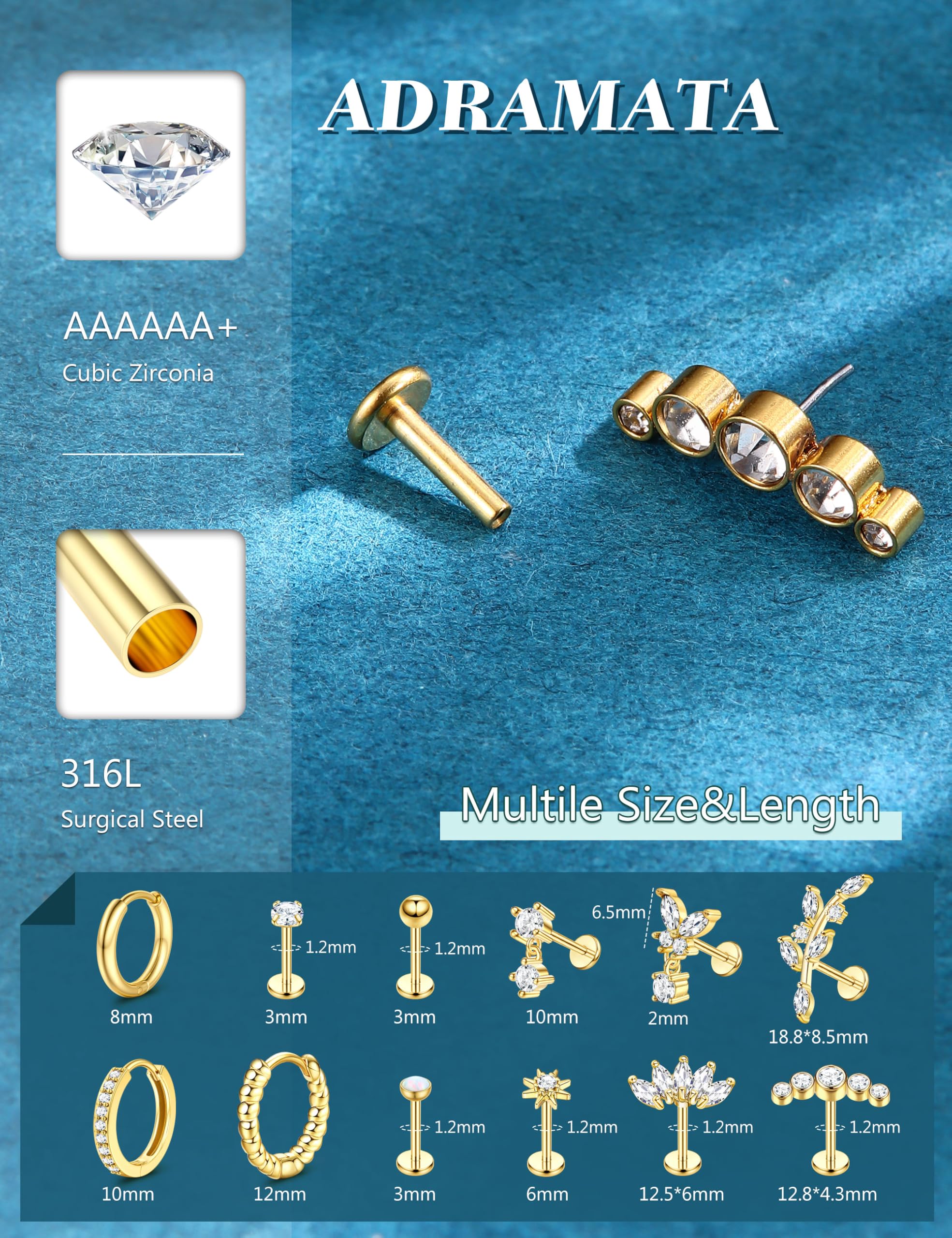 GXNRHG Biżuteria do piercingu Helix Zestaw do przekłuwania tragusa ze stali chirurgicznej Bezgwintowy wciskany płaski tył Labret Kolczyki do nosa Kolczyki na chrząstkę Obręcze Srebrna złota muszla