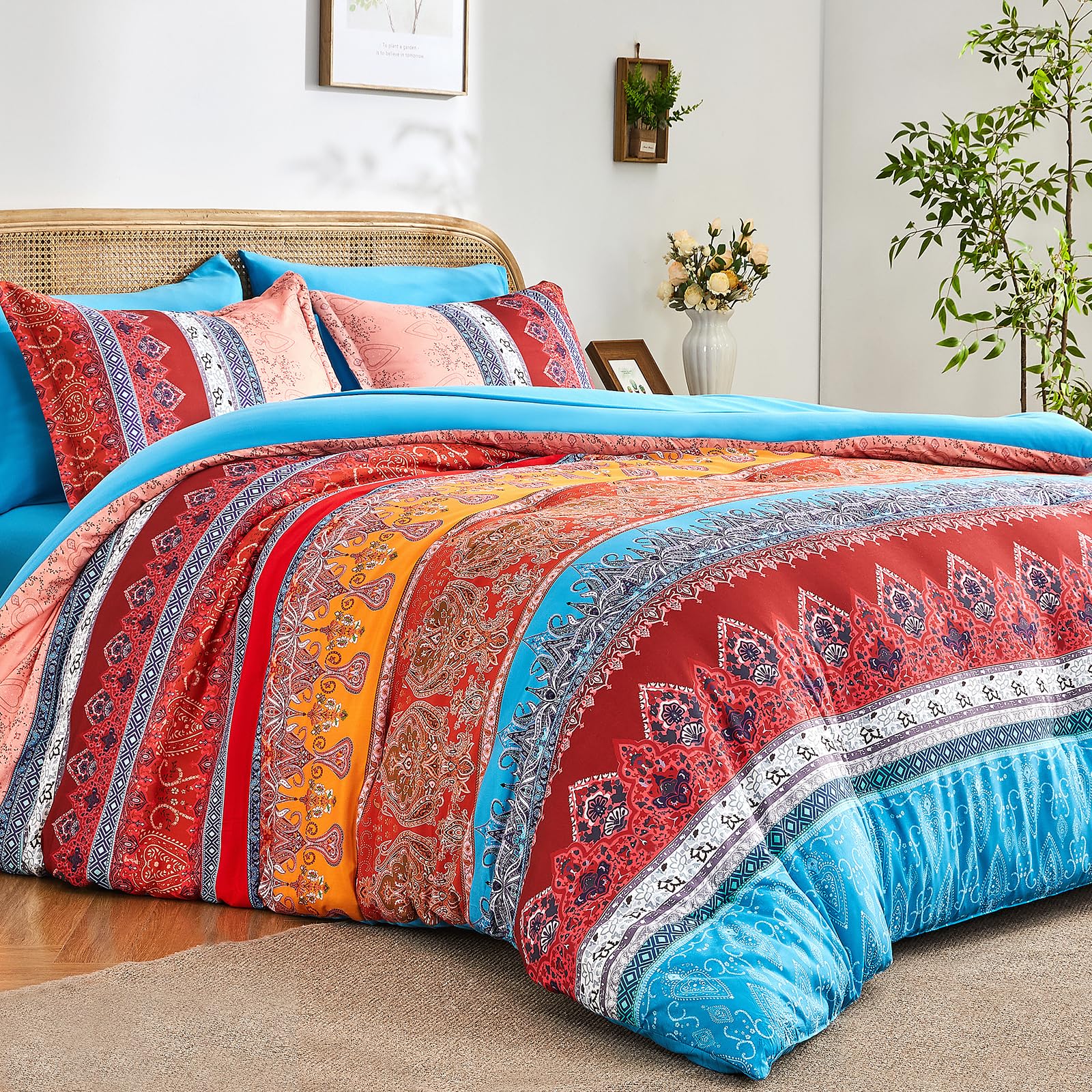 LXWORX Boho Comforter Set Queen - 7 Pieces Bed in a Bag, Bohemian Striped Comforter Set with Sheets, Soft Microfiber Colorful Floral Bedding Set for