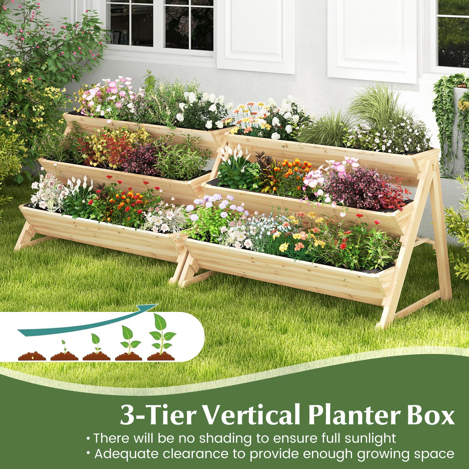CHEFJOY 3-Tiers Raised Garden Bed, Wooden Garden Planter with 3 Planter Box & Storage Shelf, 2 Convenient Side Hooks, Outdoor Elevated Plant Box Stand with Leg for Flowers, Vegetables