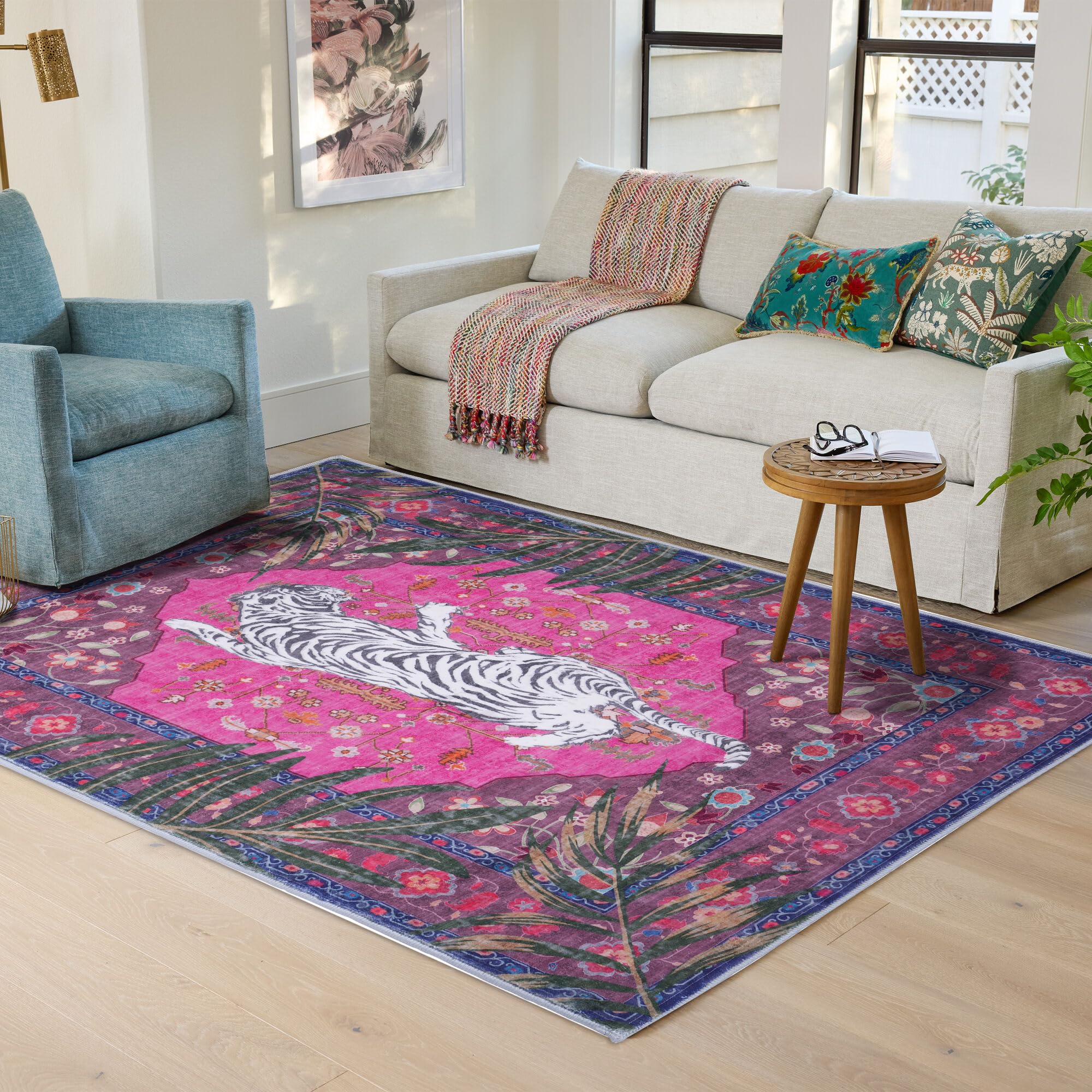 Washable pink rug 4 x 6 feet, deep pink leopard vintage design, aesthetic rug for girls' room, living room, bedroom, home office, bedroom, fine magenta rug — image 1