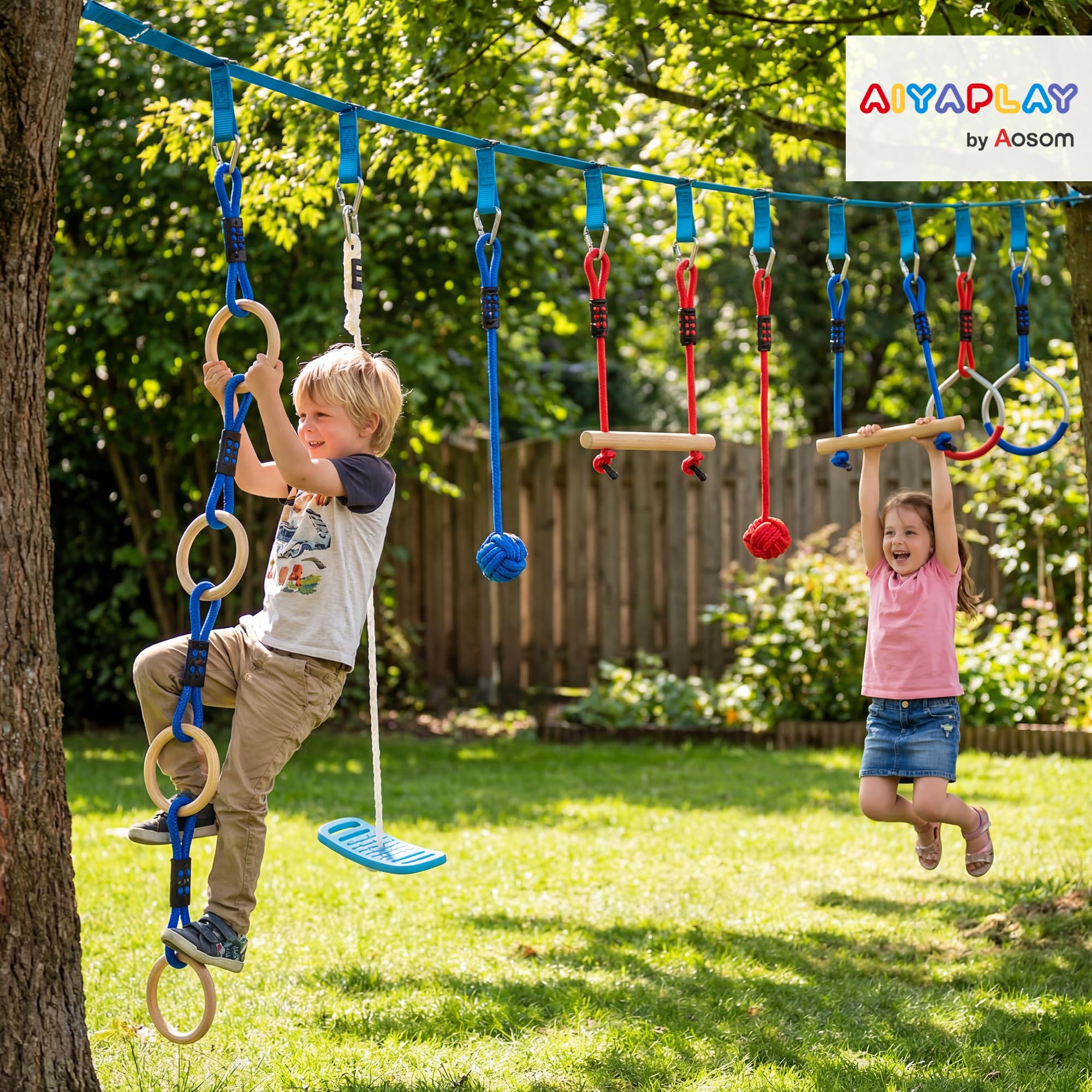 AIYAPLAY Ninja Line Kinder 10m 9-teilig Slackline Set mit 2 Turnringe, 3-in-1 Schaukel, 2 Kletterstange, Baumschutz, 2 Greifbällen, Tasche Outdoor Spielset Ausrüstung für 3-8 Jahre Kinder Mehrfarbig