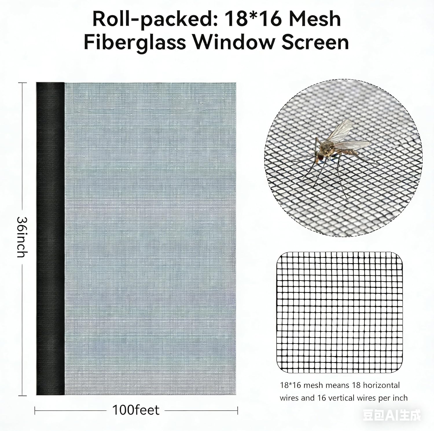Fiberglass Screen Roll Black 36" x 100' Window Screen Replacement Mesh, UV Protected & Weatherproof, Easy to Install/Cut for Windows, Doors, Porches - Keeps Bugs Out