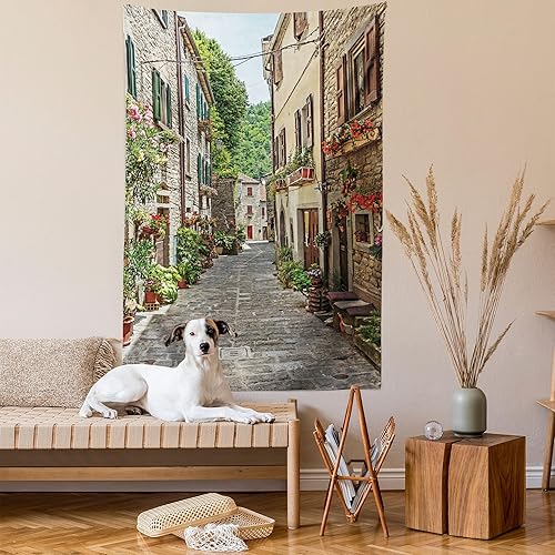 Miniatura 2 de Lunarable Wanderlust - Tapiz de flores estrechas de la calle antigua en Italia, edificios históricos medievales, decoración de tela para colgar en