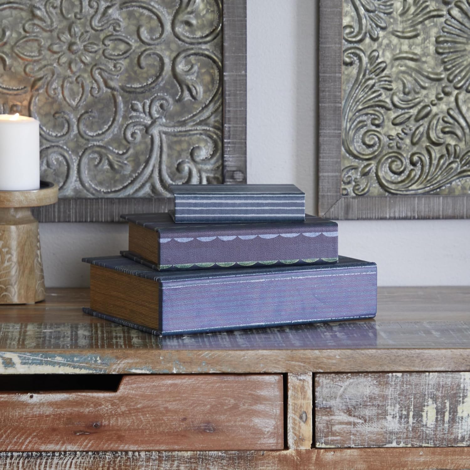 Deco 79 Faux Leather Decorative Box Faux Storage Book Book Shaped Boxes with Varying Striped Patterns, Set of 3 Decorative Keepsake Boxes 12", 9", 6"H, Blue