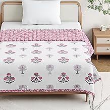 DE CAMA Cotton Single Bed Dohar | Hand Block Printed Summer AC Blanket (60 x 90 Inch)| Mulmul Fabric 150 GSM | Soft & Lightweight Comforter for All Seasons | Reversible Design - Pink Palm Tree