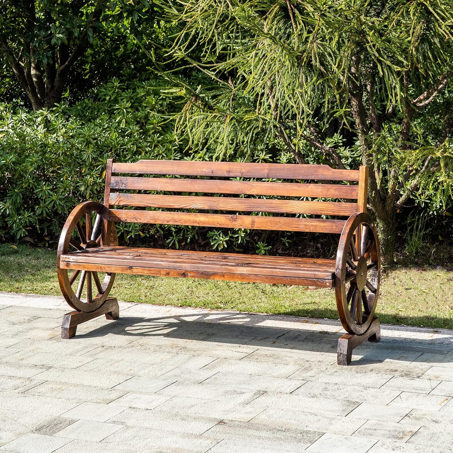 Vagowin Wagon Wheel Bench, Outdoor Bench, Rustic Wooden 2-Person Seat Patio Bench with Backrest for Garden, Porch, Yard, Brown, 22 inches D x 56 inches W x 30.5 inches H