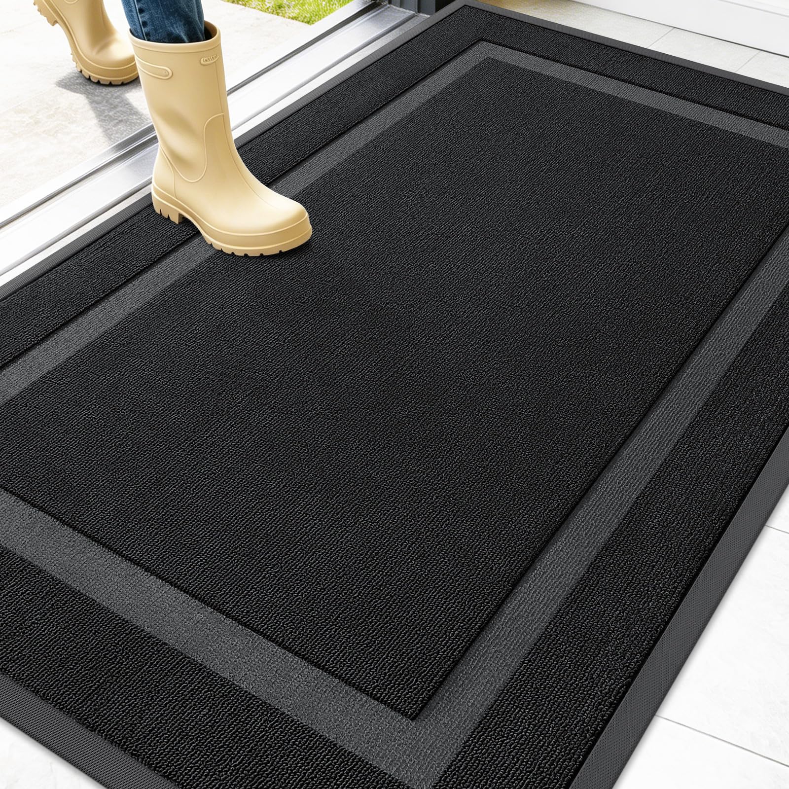 OLANLY Front Door Mat Outside 47x32, All-Season Heavy-Duty Rubber Doormat | Jet Black, Absorbent, Stain Fade Resistant, Waterproof Non-Slip Backing, Low-Profile Indoor Outdoor Floor Mat for Entryway