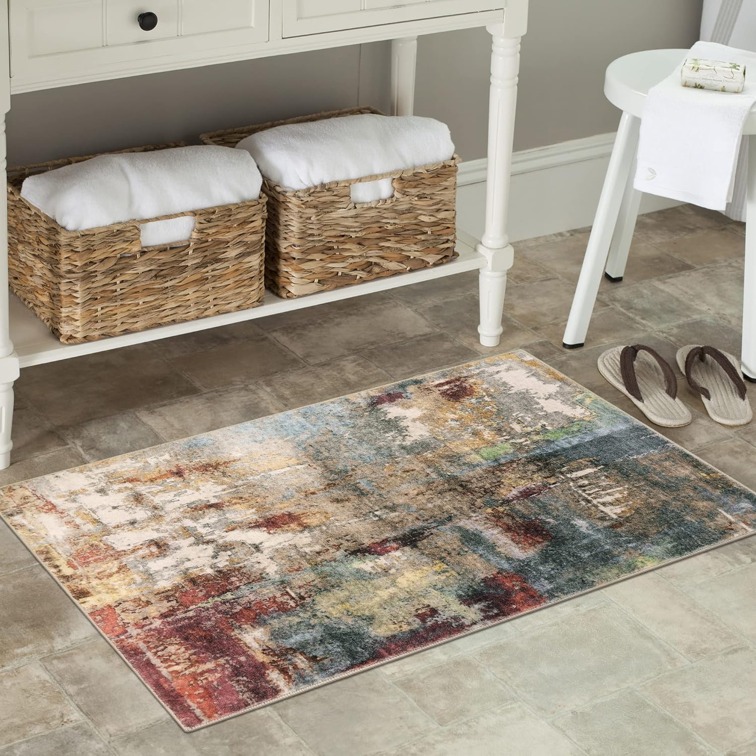 Lahome Modern Abstract Area Rug - 2x3 Washable Small Entryway Rug for Kitchen Non-Slip Front Doormat, Contemporary Faux Wool Soft Floor Indoor Carpet for Bathroom,Red/Multi