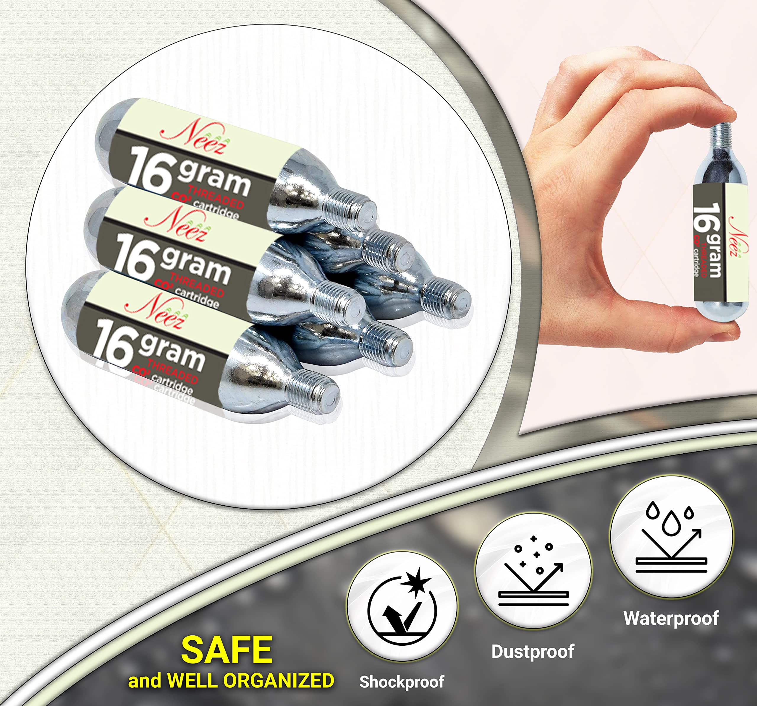 Neez 16g Co2 Bombolette Pompa Bici Filettate (10 Pezzi) per Pneumatici Bici or Bicicletta Pompa, Softair Gas, Bicicletta da Strada, Qualsiasi CO2 Bici, Portatile, Gonfiaggio Istantaneo