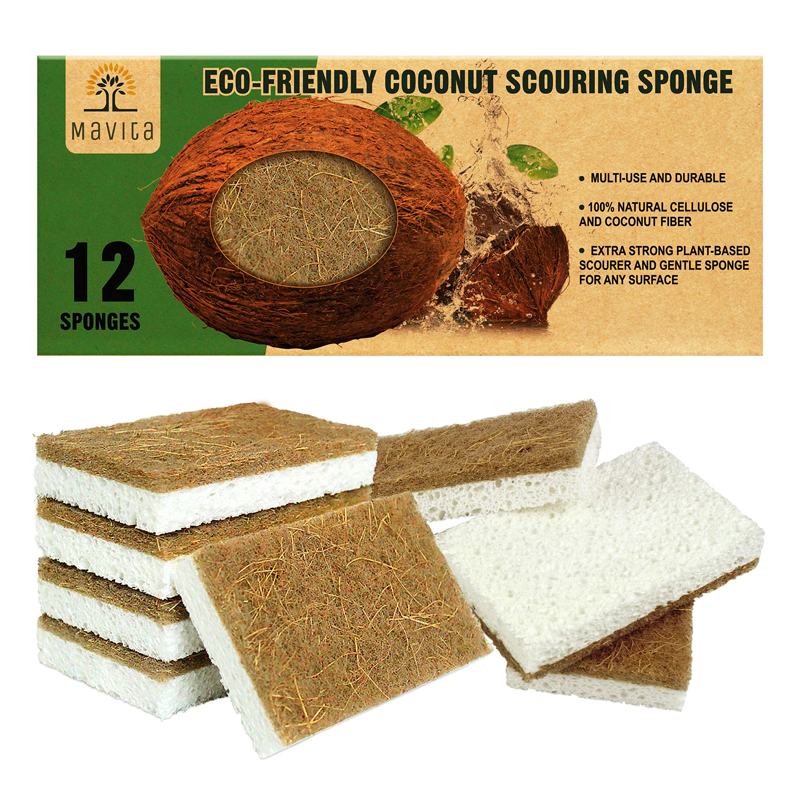 MAVITA Natural Сleaning Kitchen Sponges - 12 Pack - Eco Sponges Cellulose Sponges - Eco Friendly Scrubber for Dishes - No odor – Biodegradable Kitchen Sponge