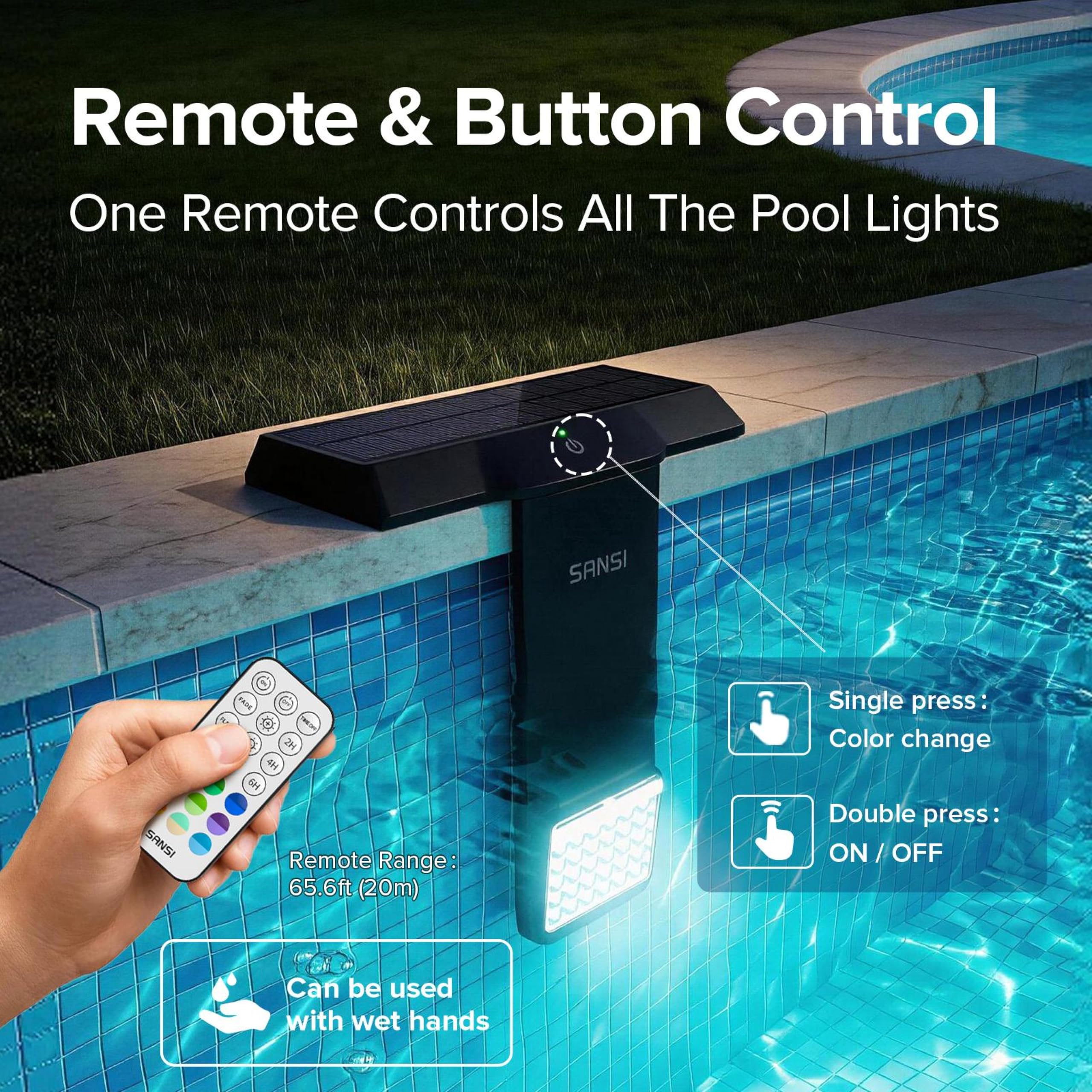 SANSI Luces Solares Para Piscina RGB 150° IP68 Impermeables Sumergibles Carga Solar Tipo C Control Remoto