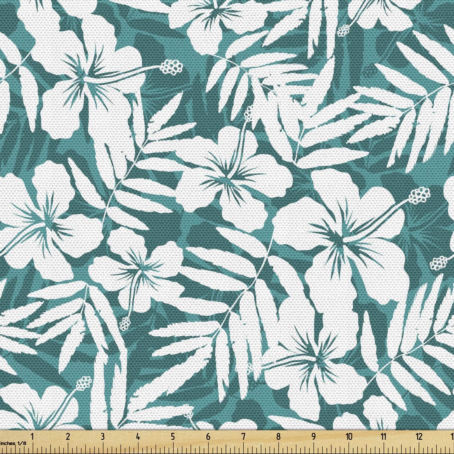 Lunarable Blue Green Fabric by The Yard, Hawaiian Summer Jungle Foliage Hibiscus Blossoms and Palm Leaves, Decorative Fabric for Upholstery and Home Accents, Turquoise Teal and White
