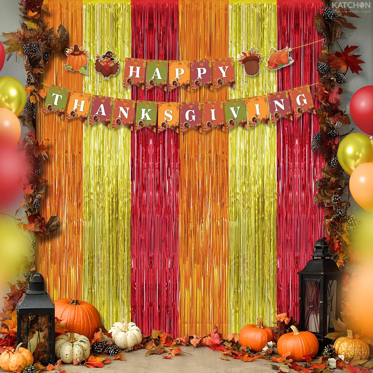 KatchOn, Orange, Gold and Maroon Fringe Backdrop - Pack of 2 | Fringe Streamers for Thanksgiving Decorations, Thanksgiving Backdrop, Friendsgiving Decoration, Birthday, Anniversary Decorations